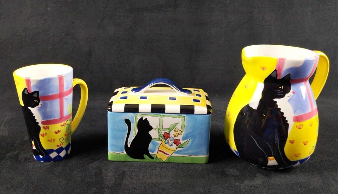 Ceramic Black Kitty Ceramic Kitchenware Lot Of 3: This lot consists of: (1) Tuxedo Cat Hand Painted Ceramic Pitcher. By Certified International Corporation. Is approx 7" x 6" x 7 1/2". Is in good, used condition with some crazing on the