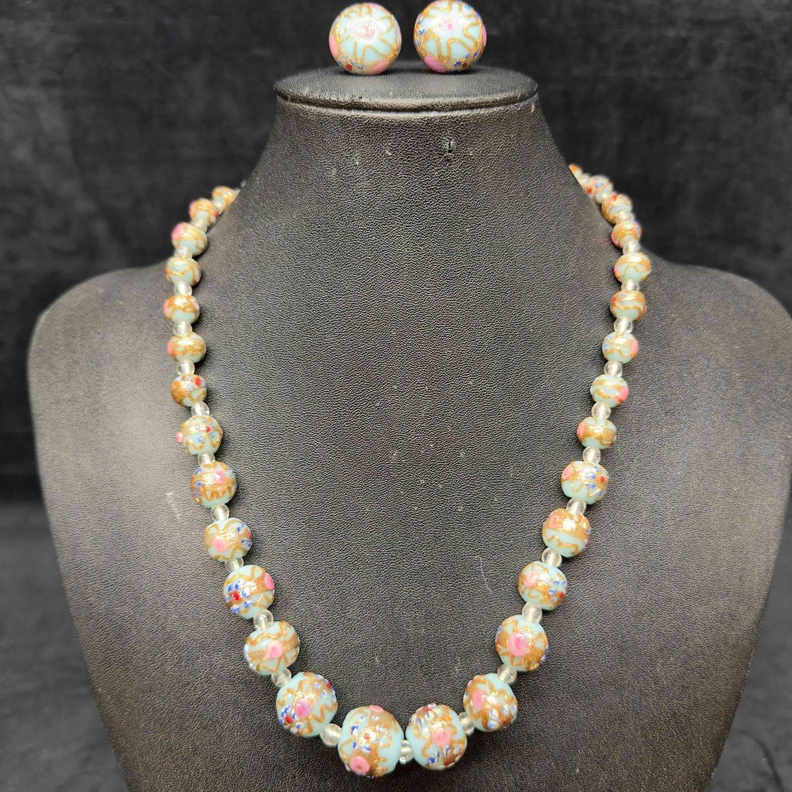 Venetian Murano Glass Lamp Work Sky Blue Round Wedding Cake Bead Necklace and Earrings Set (1 of 9)
