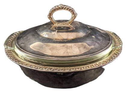 Vintage Silverplate Lidded Casserole Dish With Glass Liner: Vintage Silverplate Lidded Casserole Dish With Glass Liner. A removable glass liner was made by Anchor Hocking "Fire King". Silverplate is marked, but part of the name has smoothed out. Is approx 9 1/