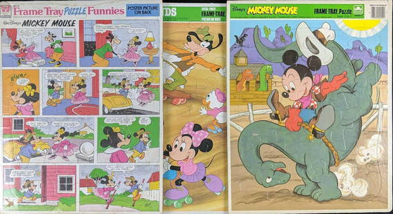 Large Disney Golden Frame Tray Puzzles Mickey Mouse: This lot includes:  (1) Mickey Mouse Riding A Dinosaur Frame Tray Puzzle. By Golden. (1) Whitman Frame Tray Puzzle Funnies Puzzle. Has a &#39;poster picture&#39; of Mickey Mouse on the back. This one