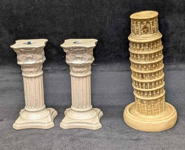 3 Vintage Roman Pillar And Leaning Tower Candlestick Holders: 3 Vintage Roman Pillar And Leaning Tower Candlestick Holders. This lot includes:  (2) Crackle Ceramic Roman Pillar Candlestick Holders. Each is approx 2 3/4&#34; x 2 3/4&#34; x 5 1/2&#34;. There are s