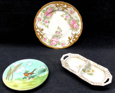 3 Assorted Fine China Dishes - Made in Germany - Hand Painted: 3 Assorted Fine China Dishes - Made in Germany - Hand Painted. Lot includes:  1 Small Plate with Loop - Prov Saxe E.S. Germany - Good, Used Condition - 6-1/2&#34; x 6-1/2&#34; x 1-1/2&#34;  1 Medium P