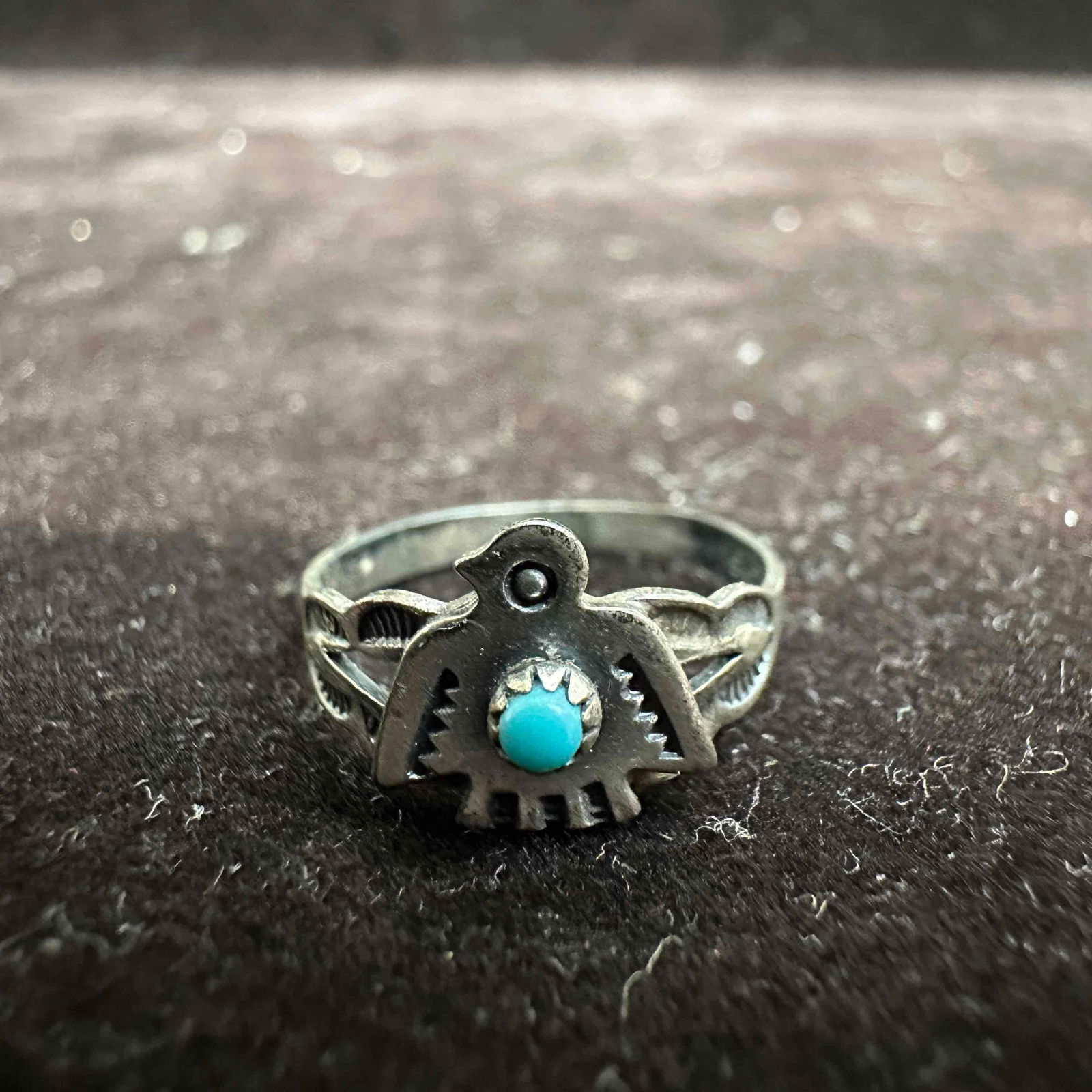 Thunderbird Navajo Style Turquoise Bird Accent Sterling Silver Small Ring (1 of 9)