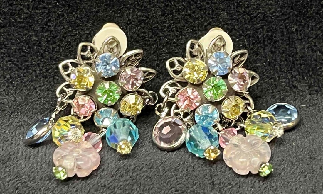 Signed Vintage Kirks Folly Clip On Multi Color Rhinestone Earrings (1 of 10)
