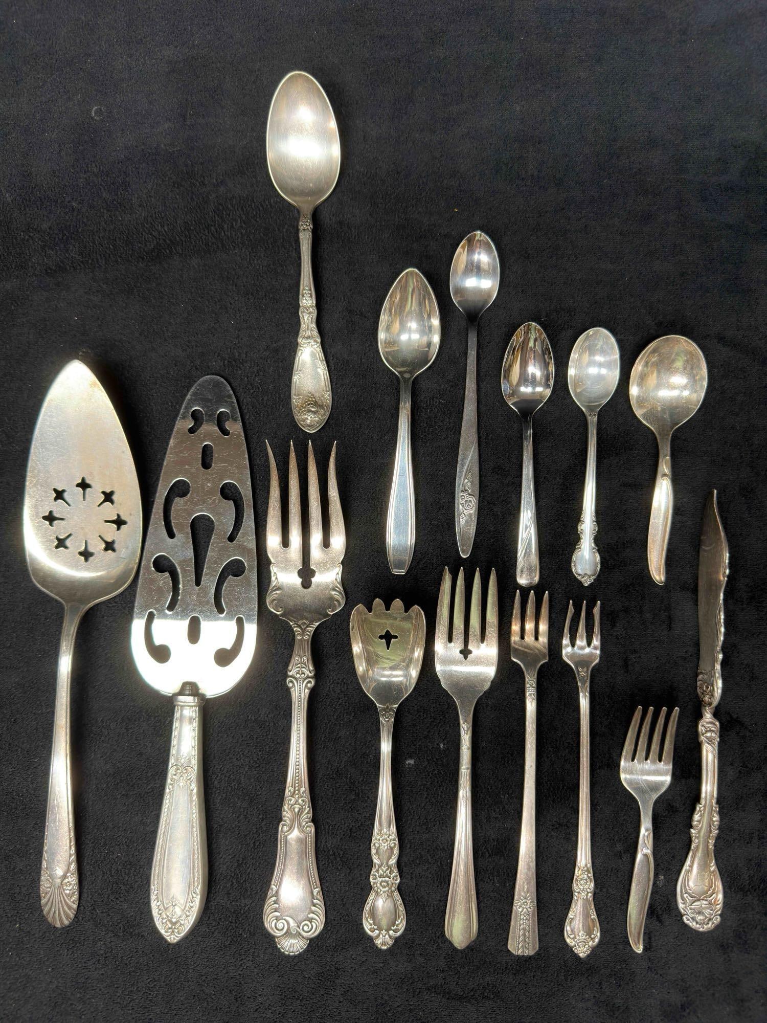 Various Silver Plated Silverware Spoons Forks Knife Cake Server Set of 15 Lot Collection (1 of 17)