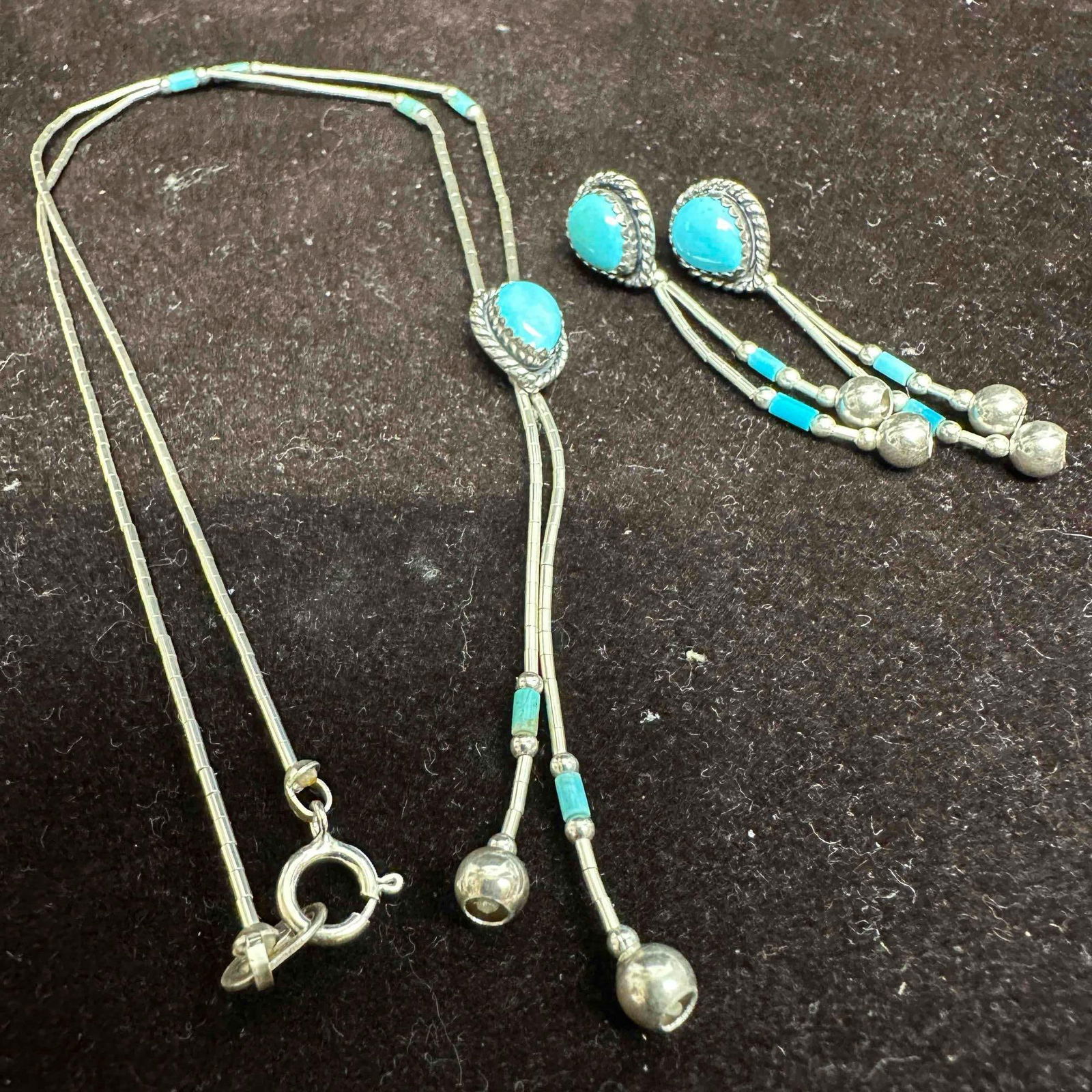 Turquoise Sterling Liquid Silver Lariat Native American Style Necklace and Dangle Earrings Set D96 (1 of 12)
