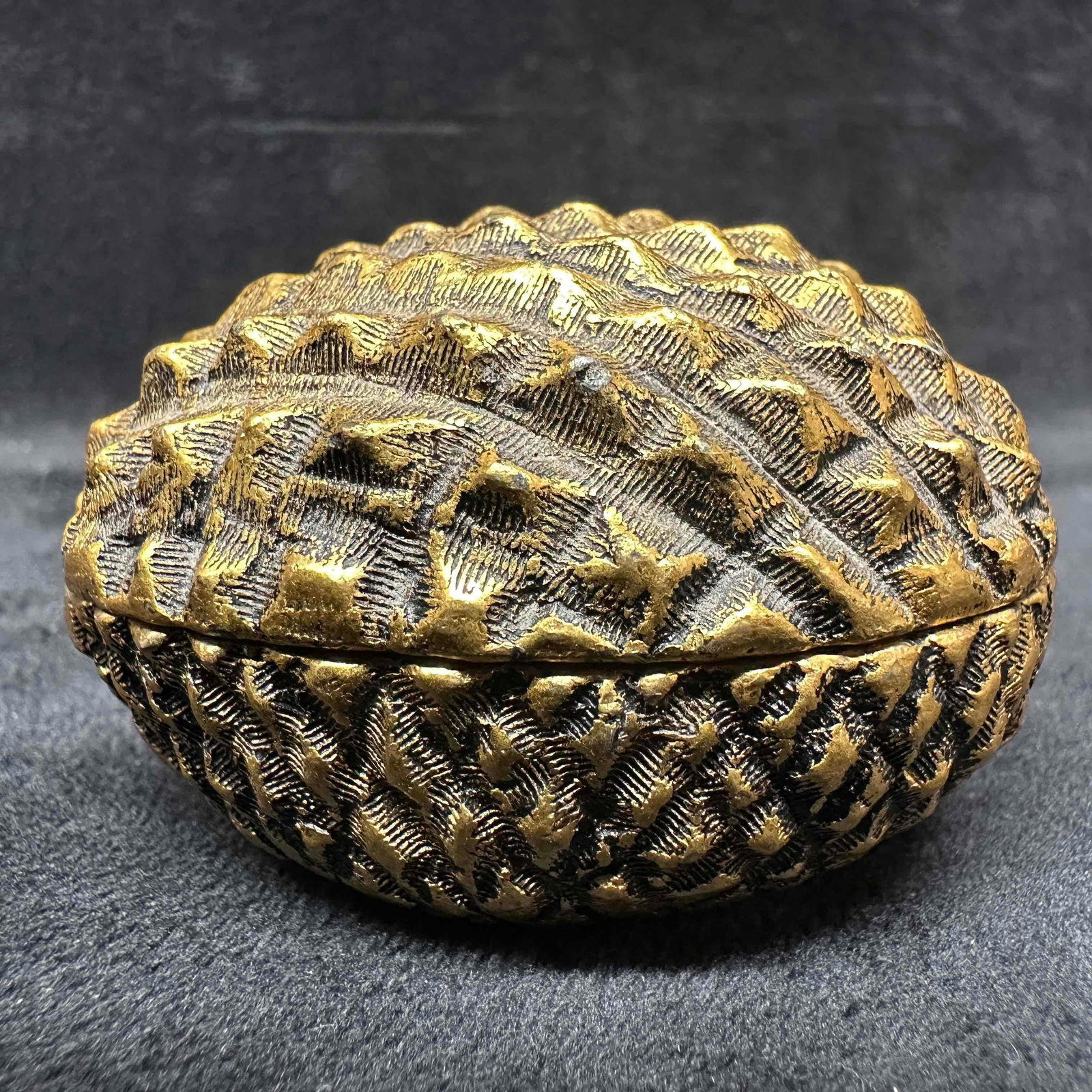 Stanger Pinecone Egg Shaped Brass Trinket Jewelry Ring Box: Velvet pink interior. Marked on the bottom of the brass trinket box piece. Light tarnishing noticed. This item is in good pre-owned, previously displayed condition with light wear, and surface scratch