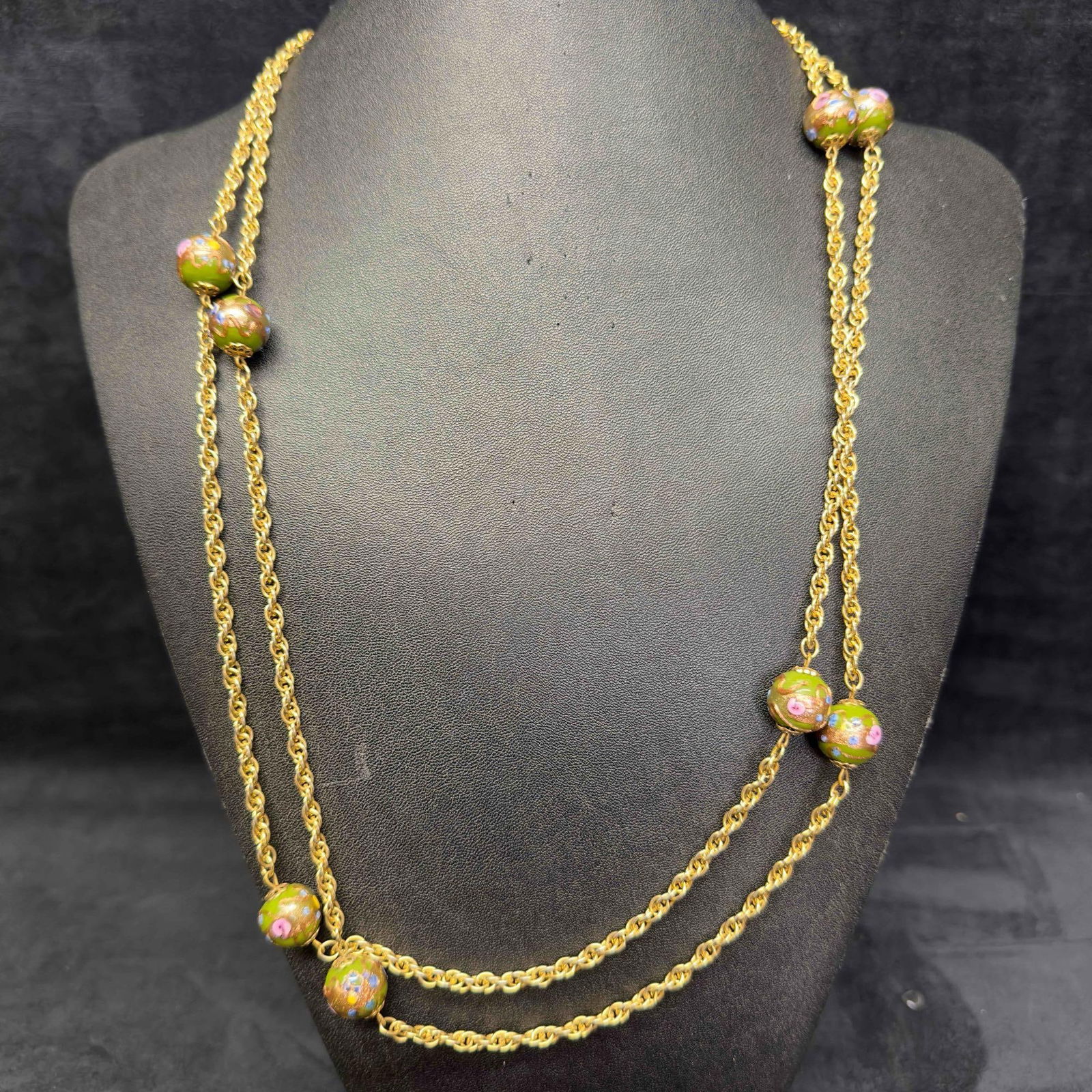 Venetian Murano Lamp Work Glass Round Gold Green Wedding Cake Bead Long Necklace (1 of 12)