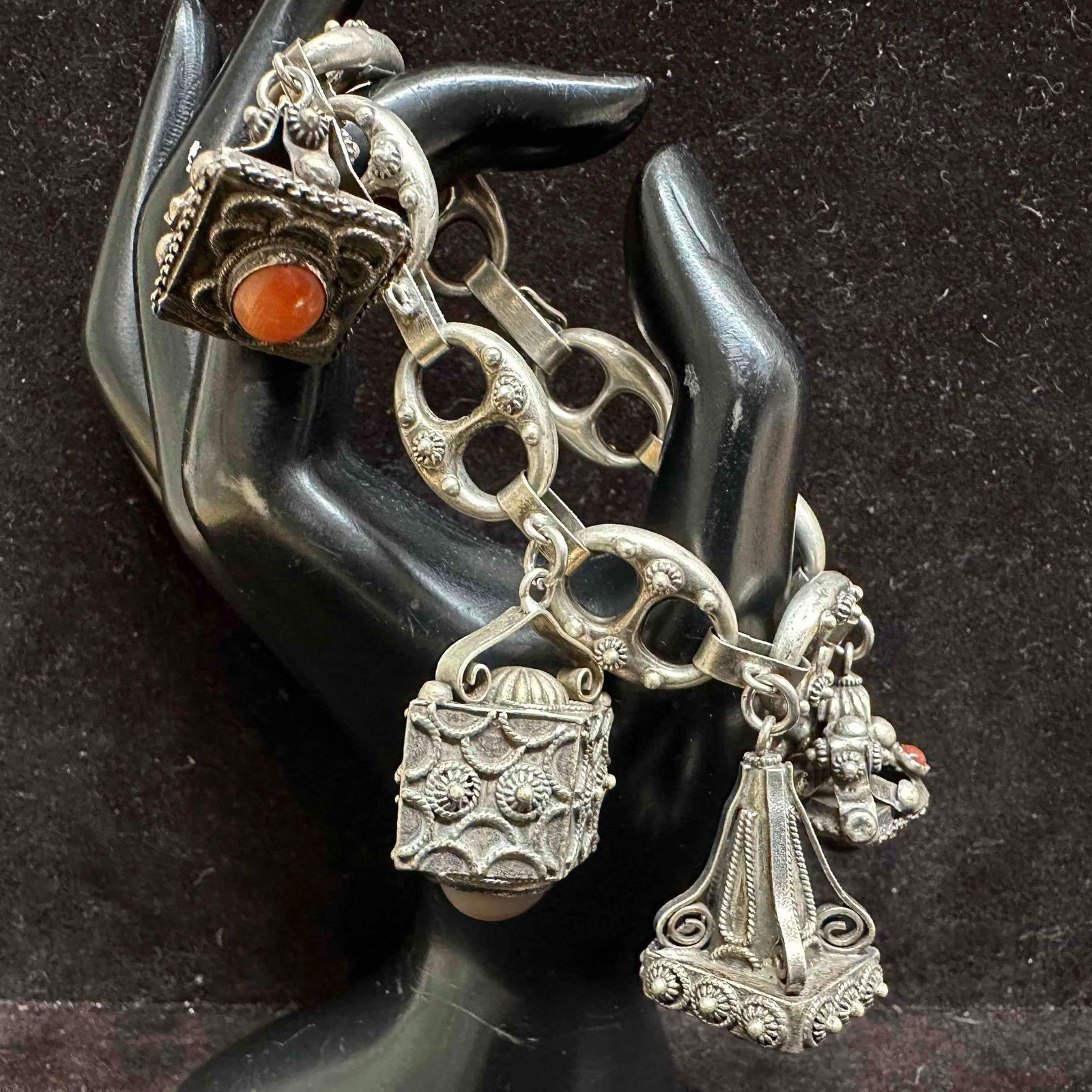 Puff Mariner Chain Ornate Fob Charm Etruscan Revival Style 800 Silver Bracelet H60 Lapis Carnelian (1 of 7)