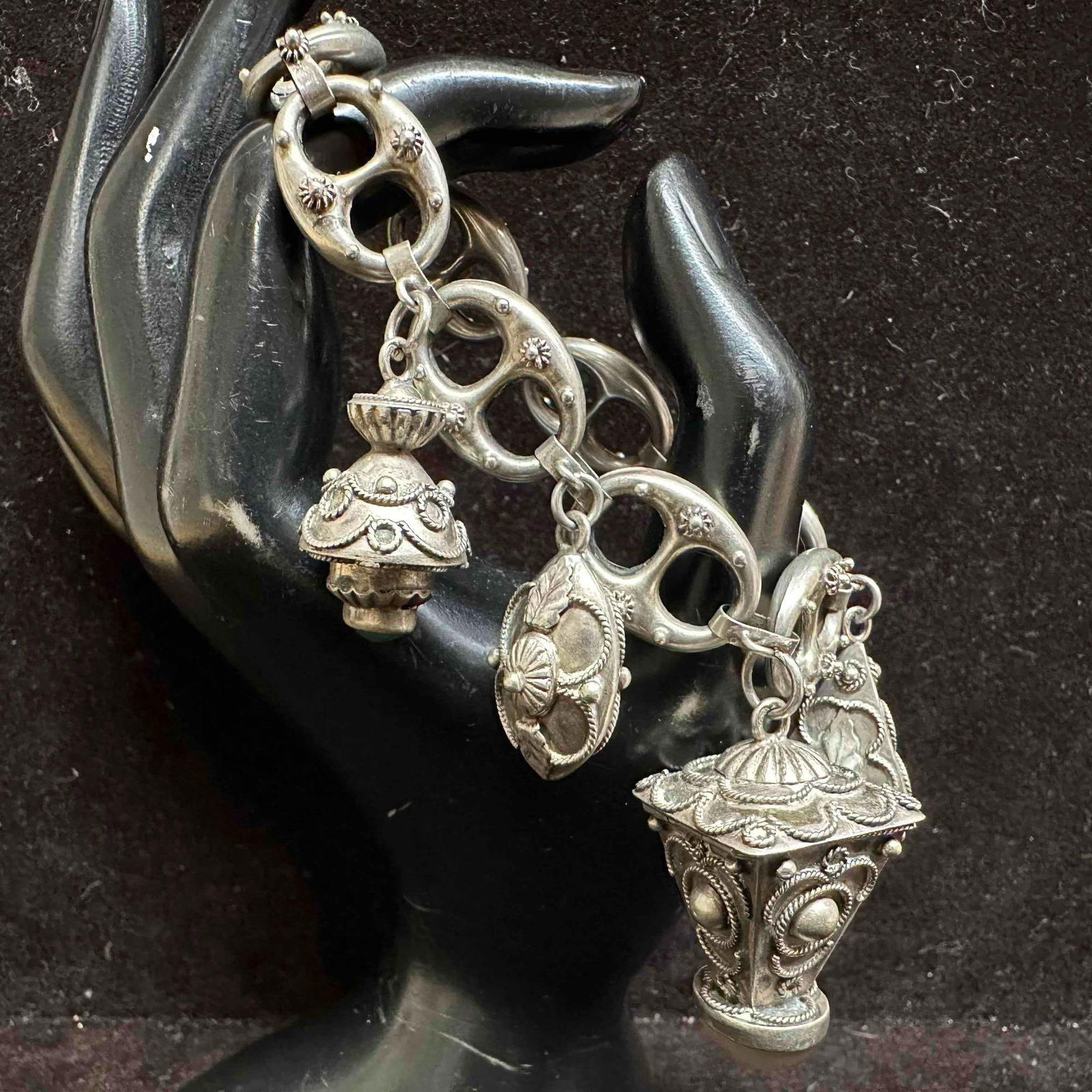 800 Silver Filigree Fob Charm Etruscan Revival Style Gemstone Cabochon Bracelet H62 Mariner Chain (1 of 7)