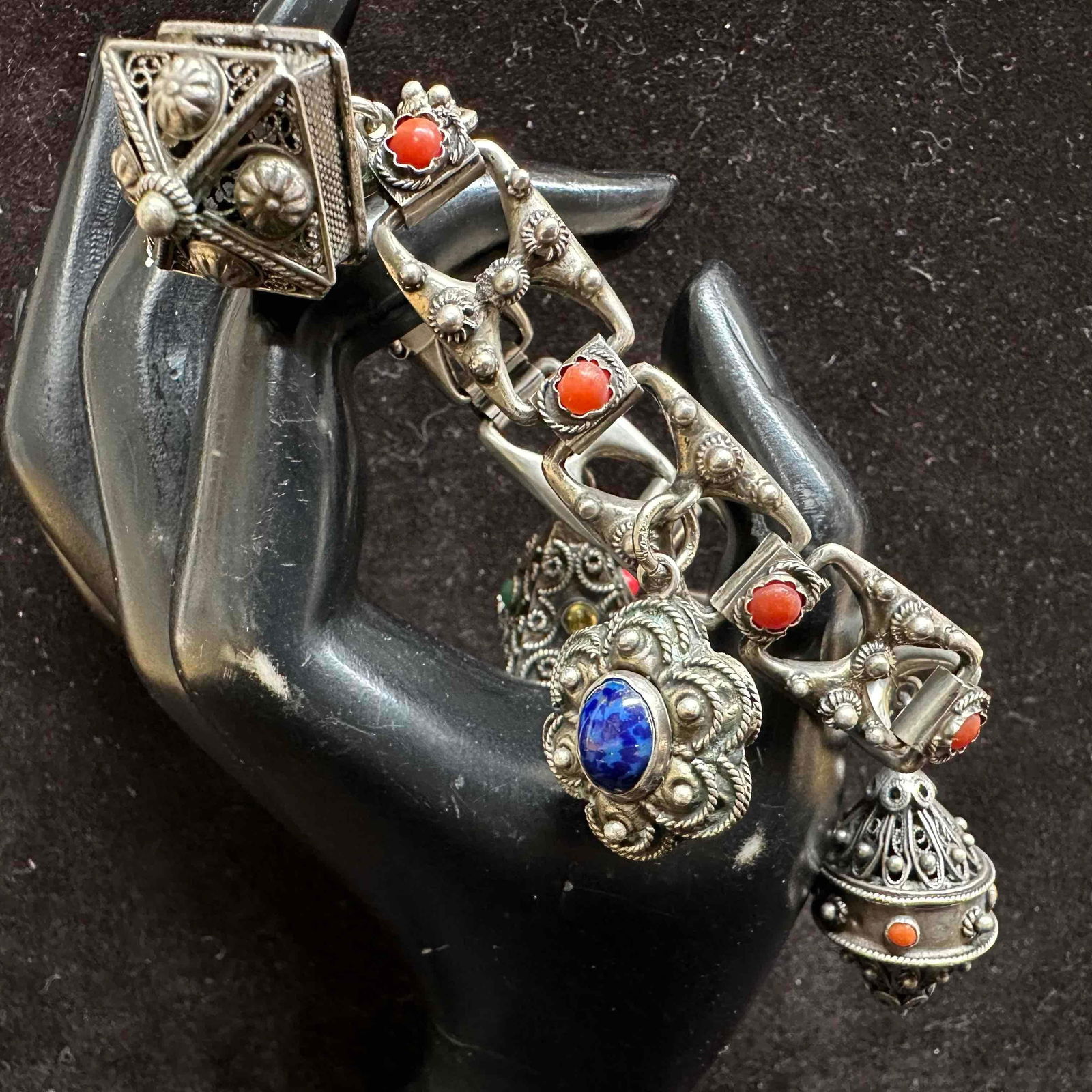 800 Silver Ethnic Style Coral Accent Chain Multi Gemstone Charm Bracelet H67 (1 of 8)