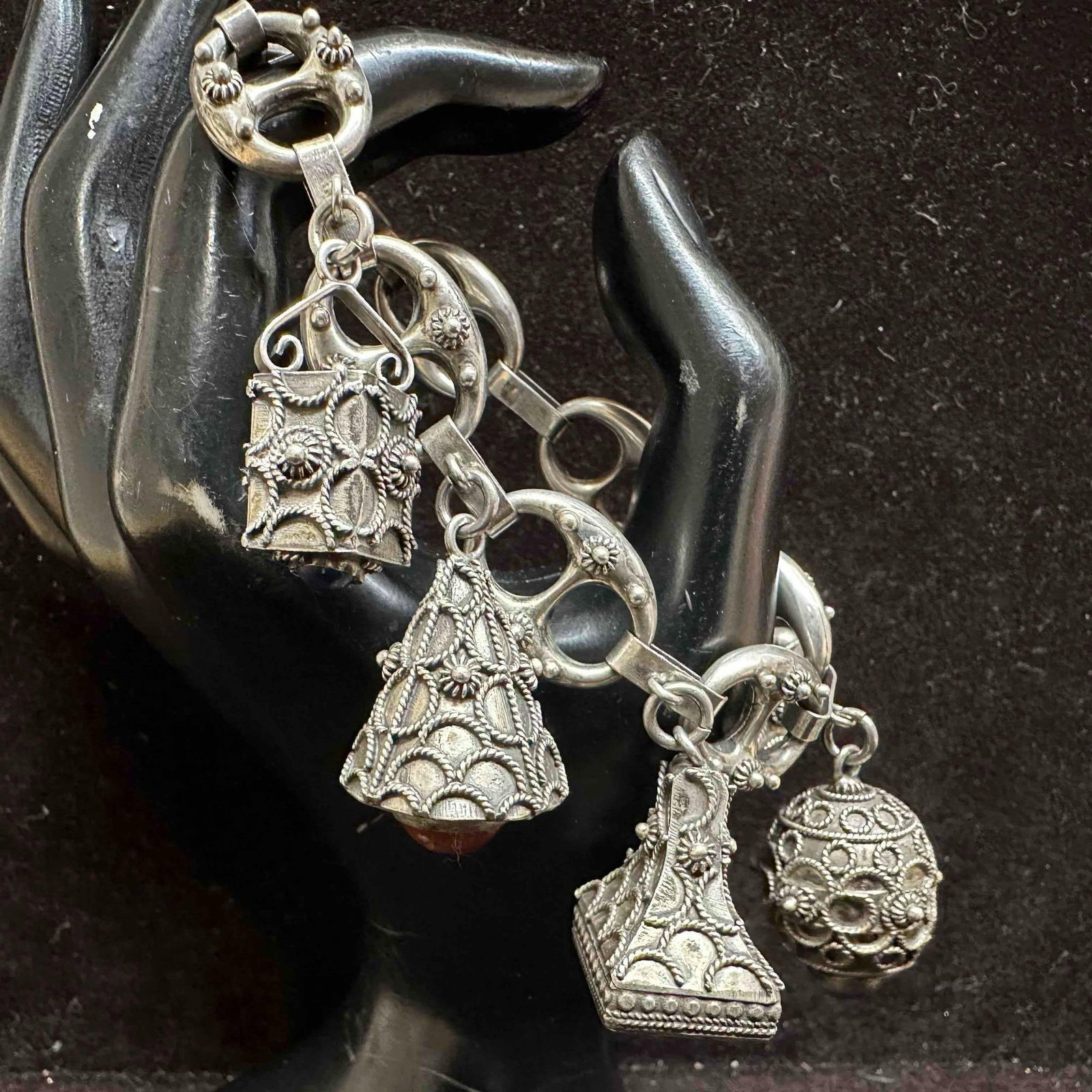 S and F Sterling Etruscan Revival Style Natural Stone Fob Charm 800 Silver Bracelet H69: This item is in good pre-owned, previously used/displayed condition with noticeable light wear, and surface scratches. Please reference all photos for full details. This piece of jewelry has been test