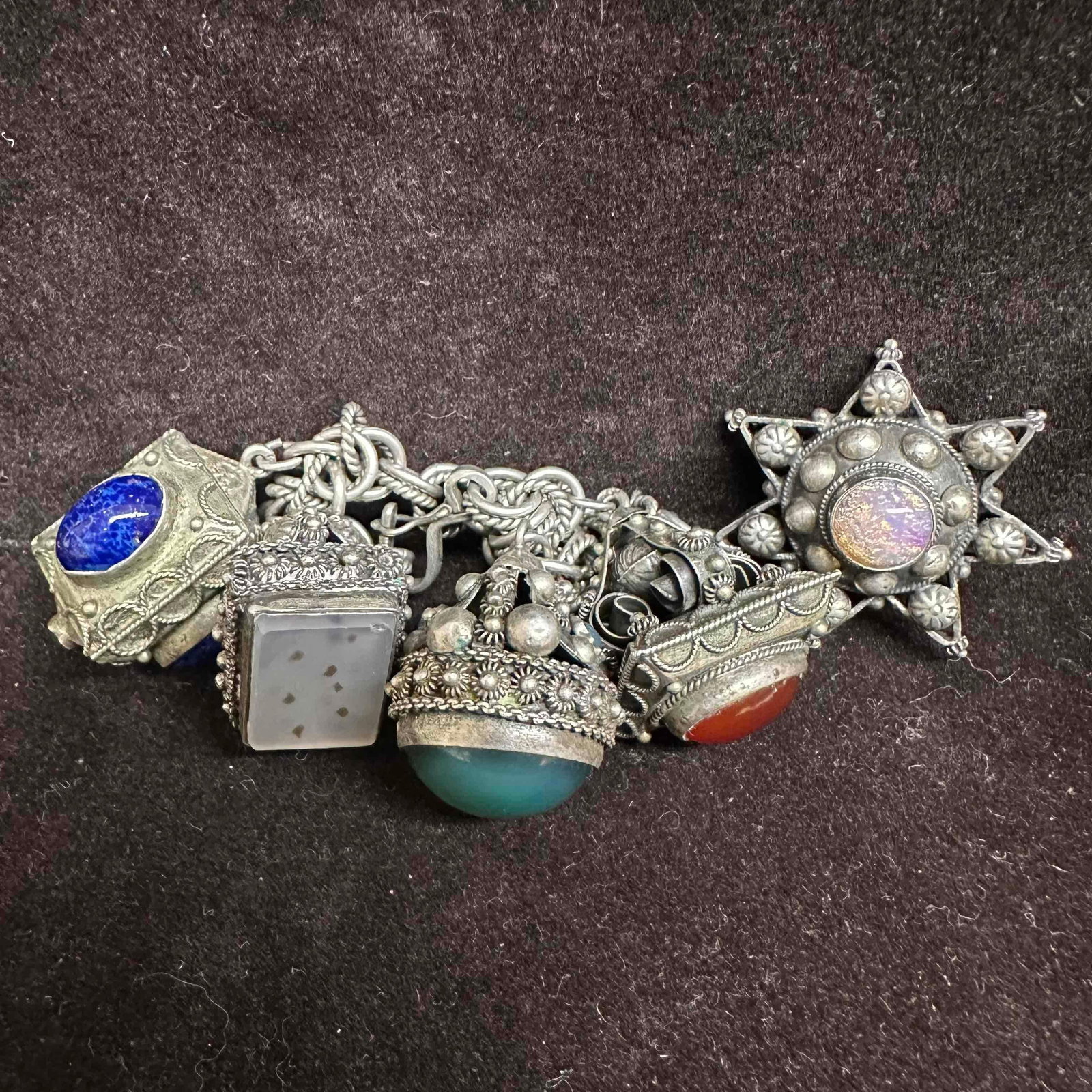 Lapis Moonstone Fantasy Star Ornate Charms Etruscan Revival Style Bracelet H71: This item is in good pre-owned, previously used/displayed condition with noticeable light wear, and surface scratches. Please reference all photos for full details. This piece of jewelry has been test