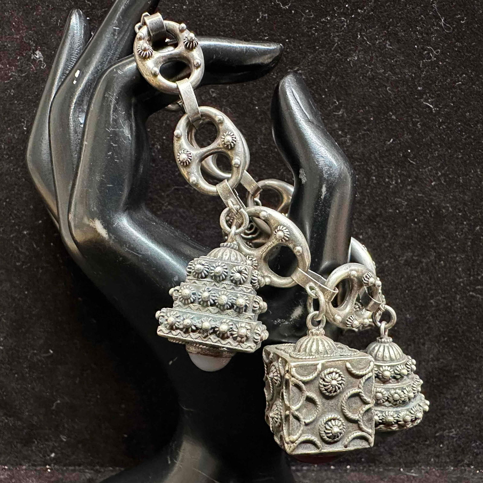 S and F Sterling Silver Five Gemstone Ornate Charms Etruscan Revival Style Bracelet Chalcedony (1 of 10)