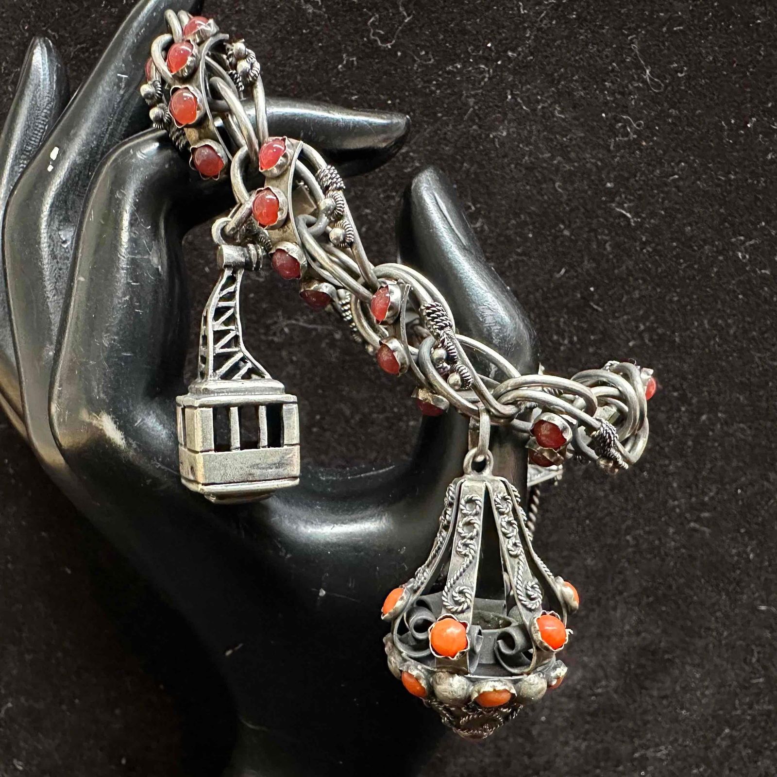 Italian Etruscan Revival Style Red Garnet and Coral Silver 800 Ornate Charm Accent Bracelet H81 (1 of 9)