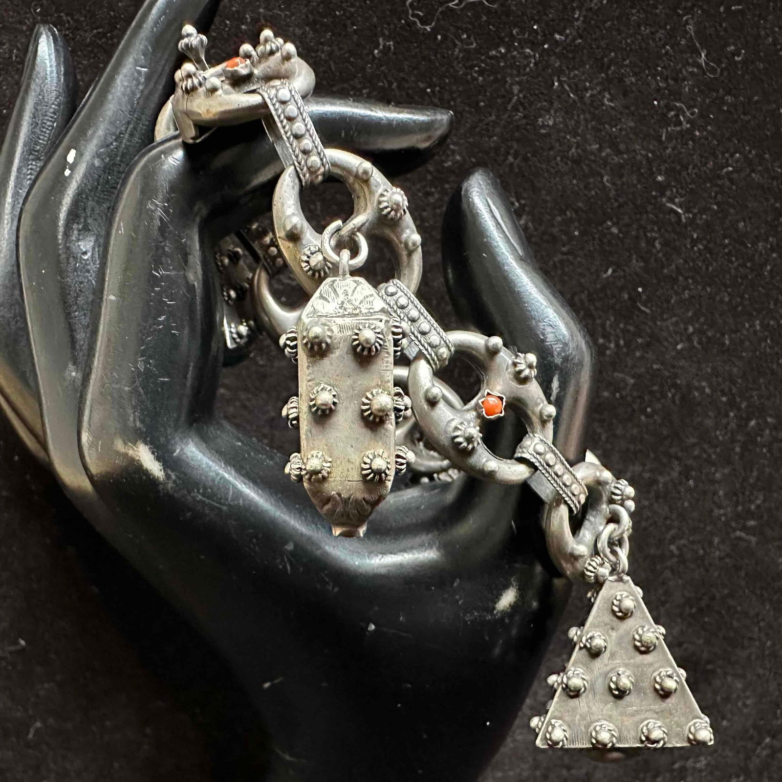 Filigree Multi Charm 800 Silver Bracelet Etruscan Revival Style Puff Mariner Chain Link H90 (1 of 7)