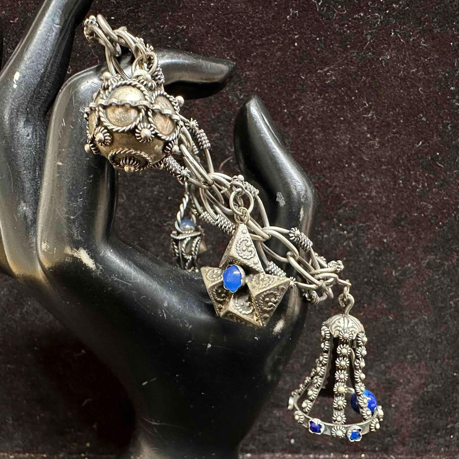 Etruscan Revival Style 800 Silver Ornate Intricate Fob Five Celestial Design Charm Bracelet H59 (1 of 7)