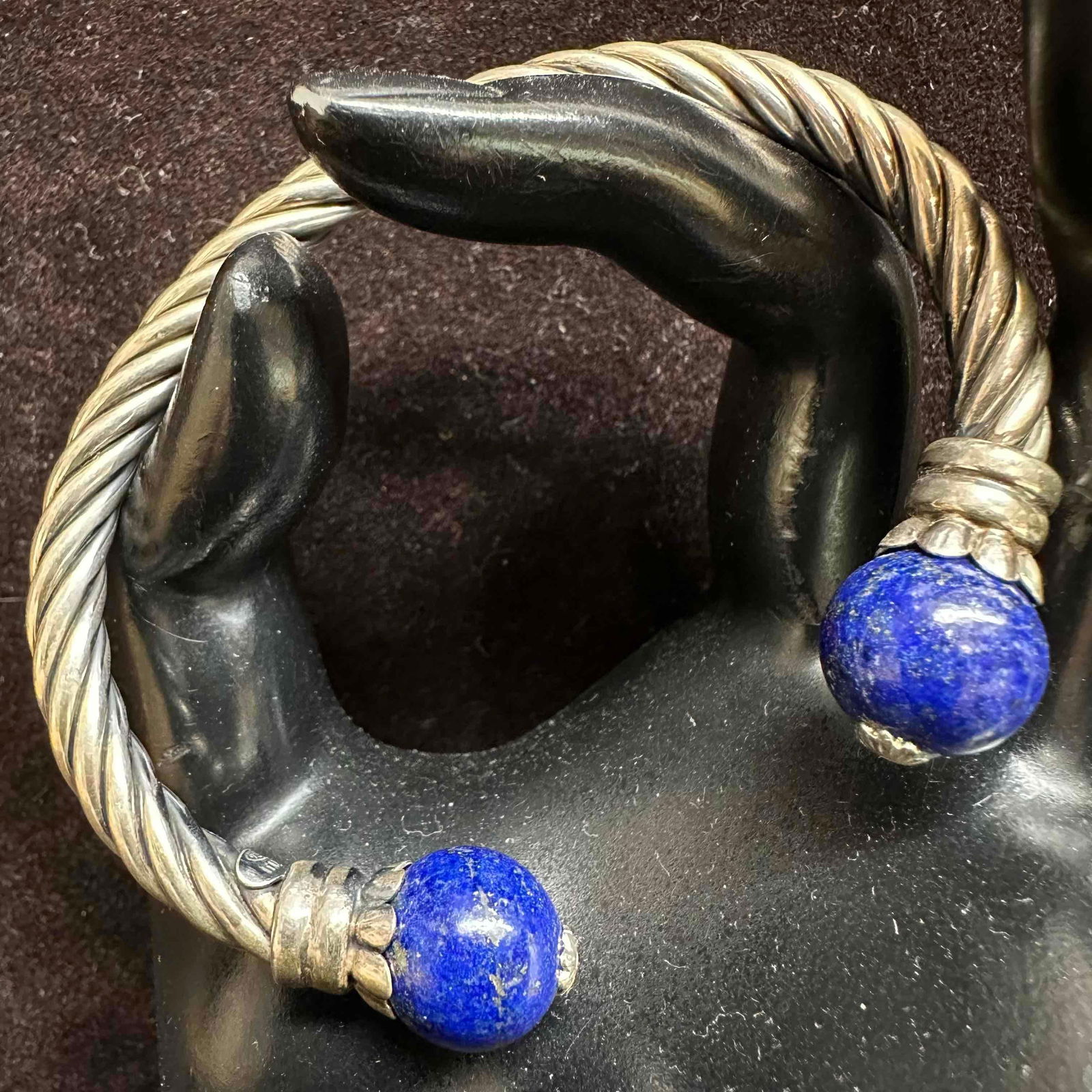 925 Italy Sterling Silver Cable Bangle with Lapis Lazuli Bead End Bracelet (1 of 9)
