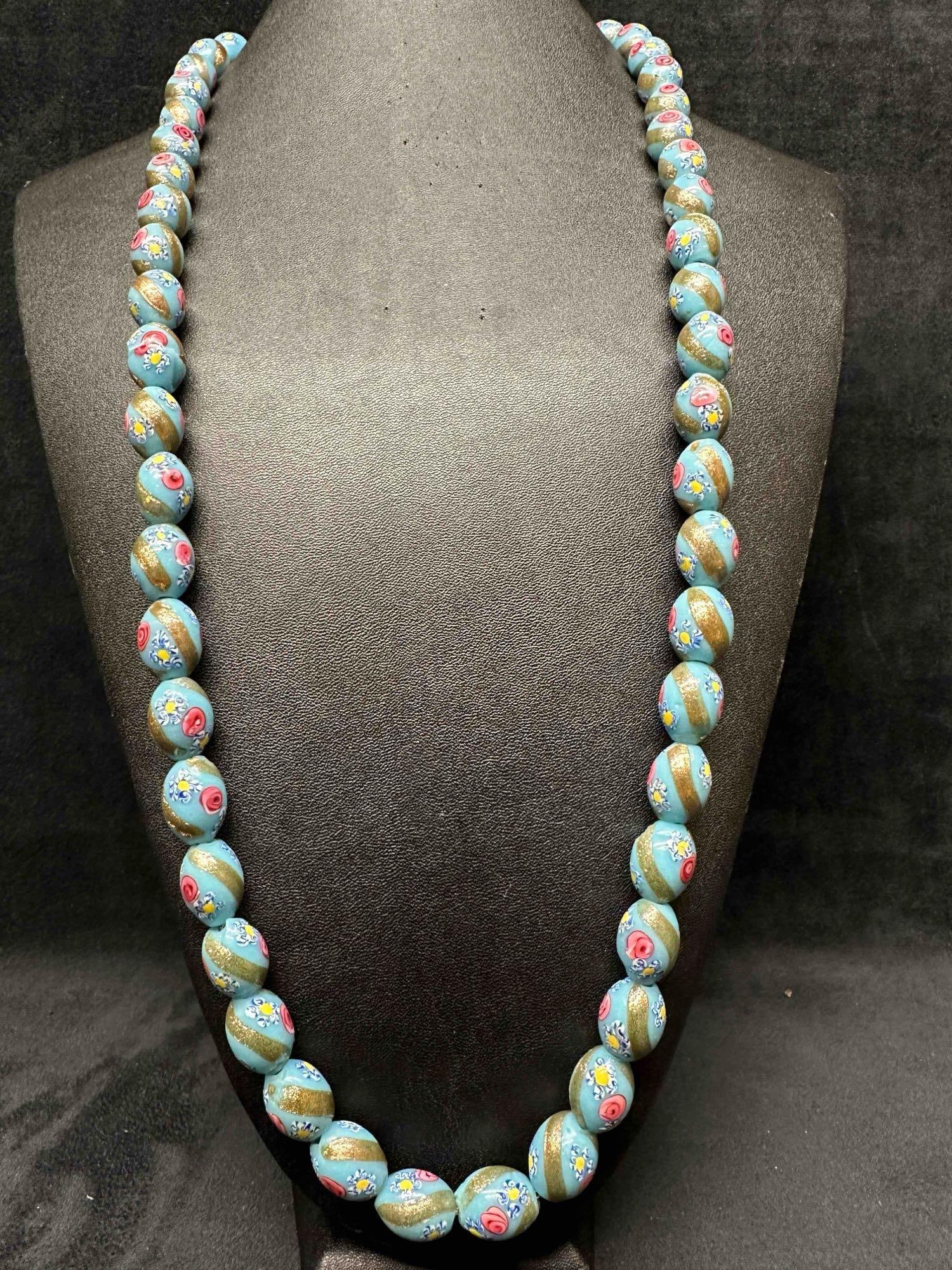 Murano Venetian Lamp Work Art Glass Light Blue Floral Accents Long Beaded Chain Necklace F14 (1 of 12)