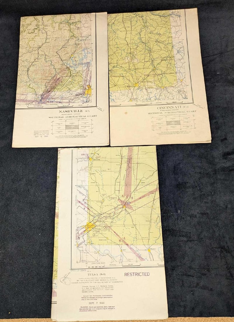 3 Vintage Cincinnati Nashville Tulsa Sectional Aeronatucial Charts: 3 Vintage Cincinnati Nashville Tulsa Sectional Aeronatucial Charts. Each folded up chart is approx 7 3/4" x 1/8" x 12 1/4" and the total weight is 0.43lb. Two of the charts are dated, 1944 and 1945. T