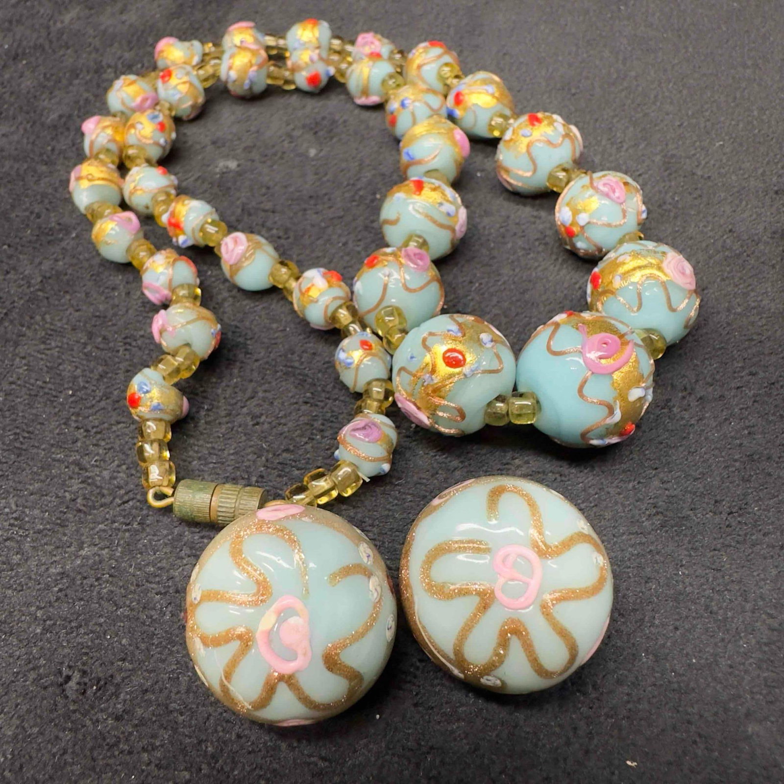 Murano Venetian Lamp Work Glass Light Blue Bead  Fiorato Beaded Necklace and Earrings Set A67 (1 of 9)