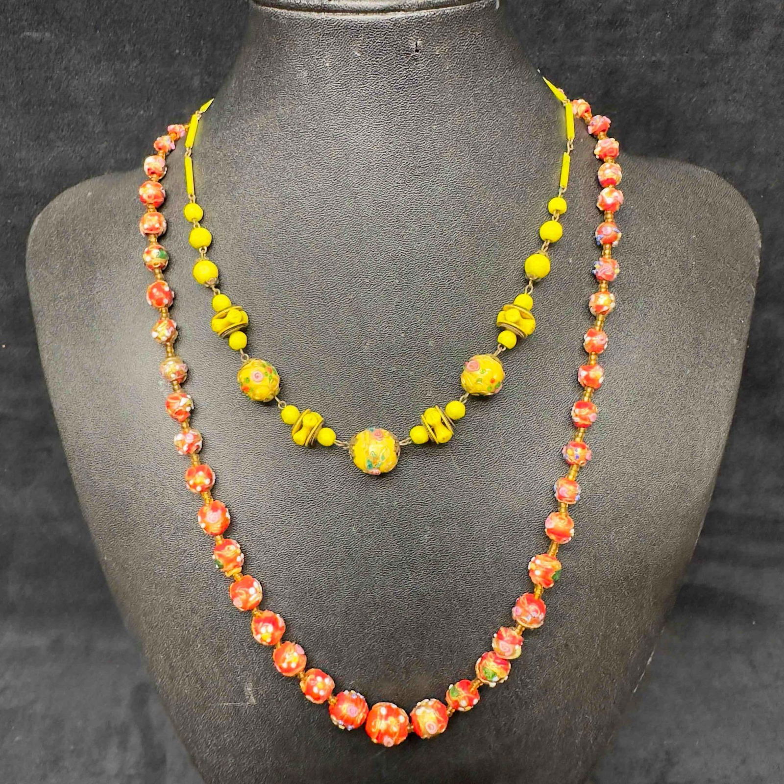 Venetian Murano Glass Lamp Work Round Yellow and Red Bead Necklace Set Beaded Necklaces (1 of 12)