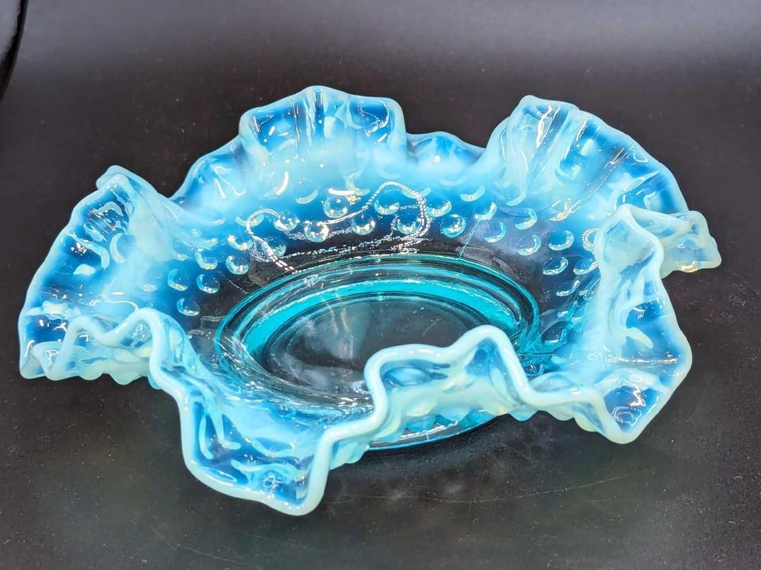 Vintage Glass Ruffled Hobnail Blue Small Candy Dish: Vintage Glass Ruffled Hobnail Blue Small Candy Dish. This is approx 6" x 6" x 1 1/2" and it weighs 0.48lb. There is a imperfection/chip on the bottom near the edge. Please see the images as they are p