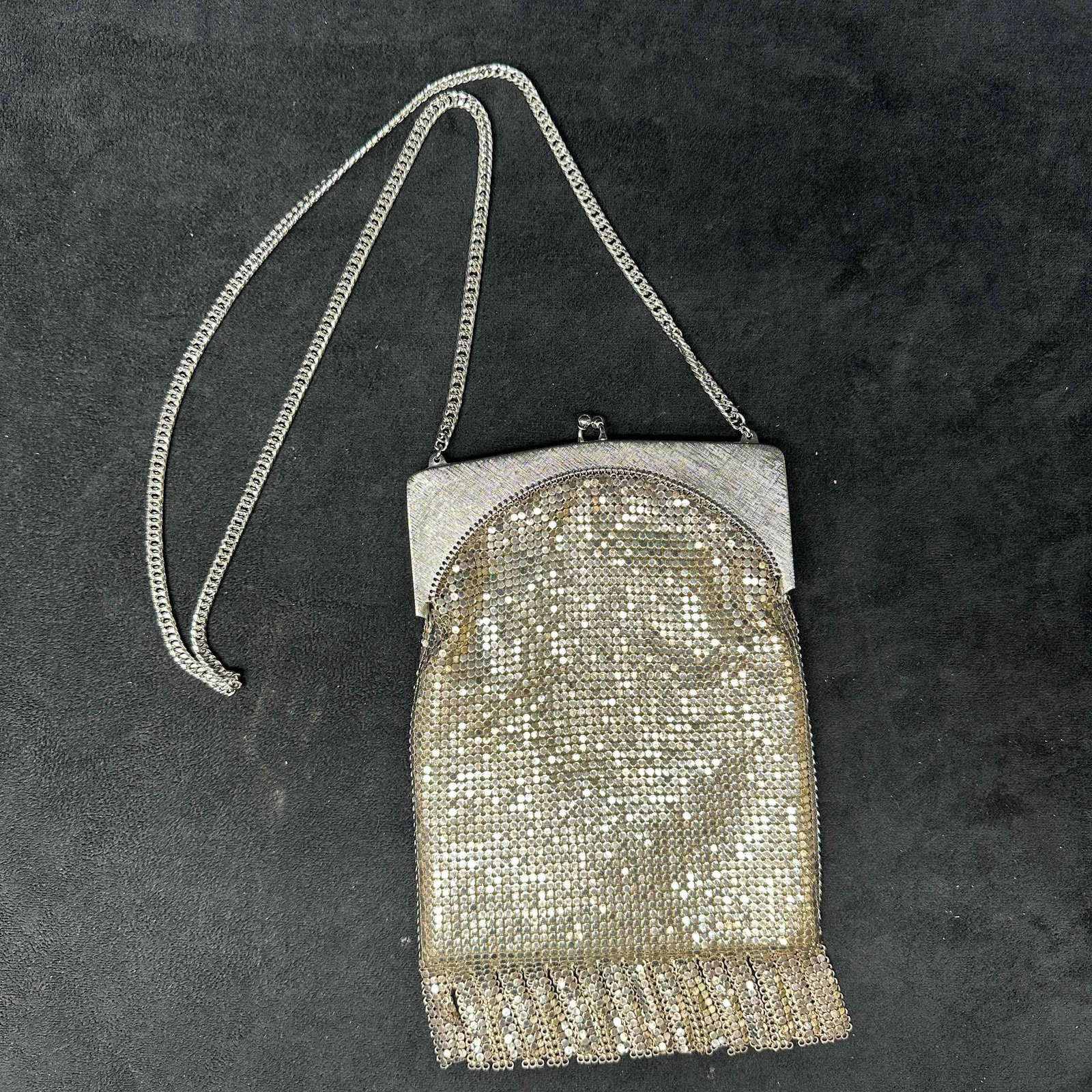 Vintage Whiting & Davis Bags Fringed Silver Gold Toned Color Mesh Purse Chain Shoulder Bag: Pepejoy written in the inside of the bag in pen ink. Tag still intact. Light staining on the interior, and light surface wear noticed on the bag. This item is in good pre-owned, previously used condit