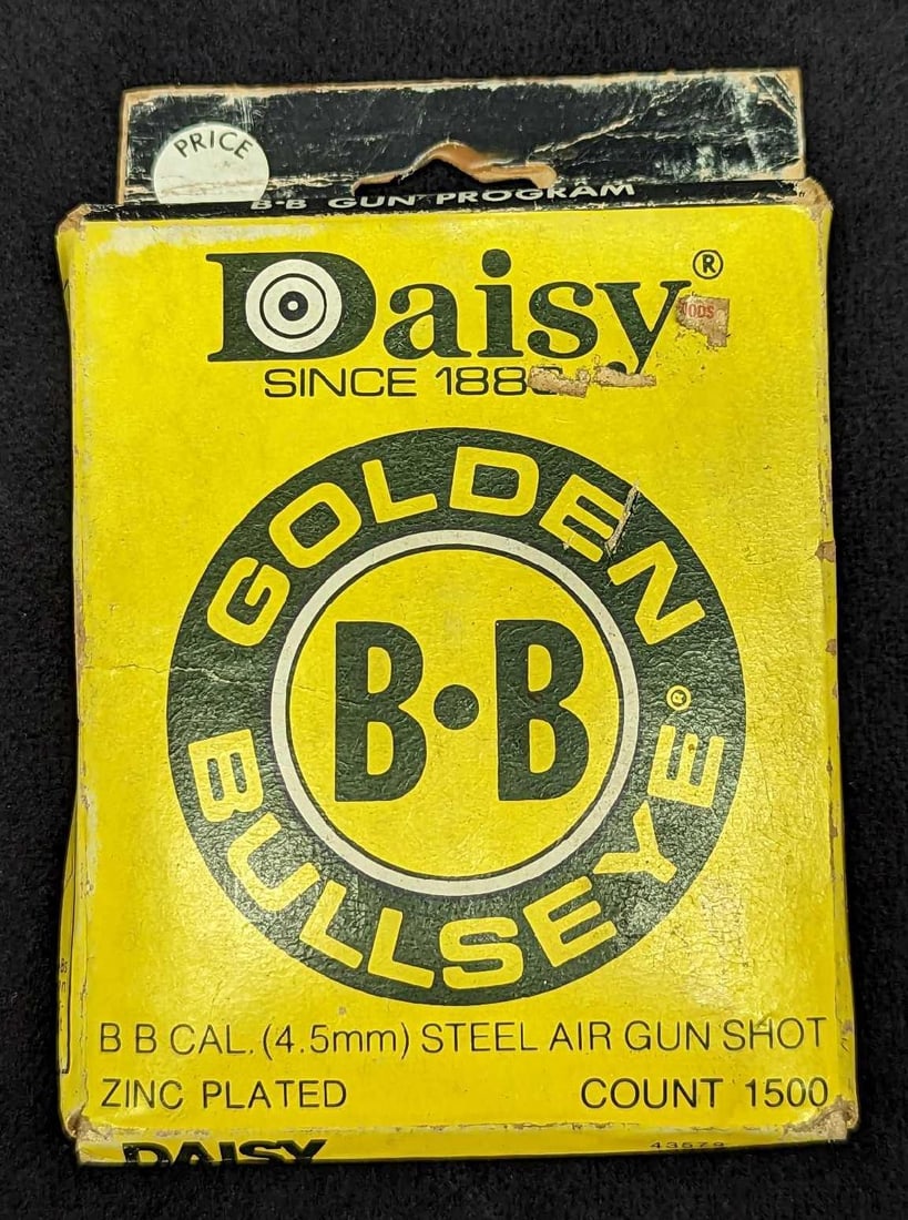 Sealed Daisy Golden Bullseye BBs: Sealed Daisy Golden Bullseye BBs. Zinc Plated. 1500 Count. These come in the original box which is approx 3 1/8" x 1" x 4 1/2" and it weighs 1.17lb. The box has some shelf-wear.