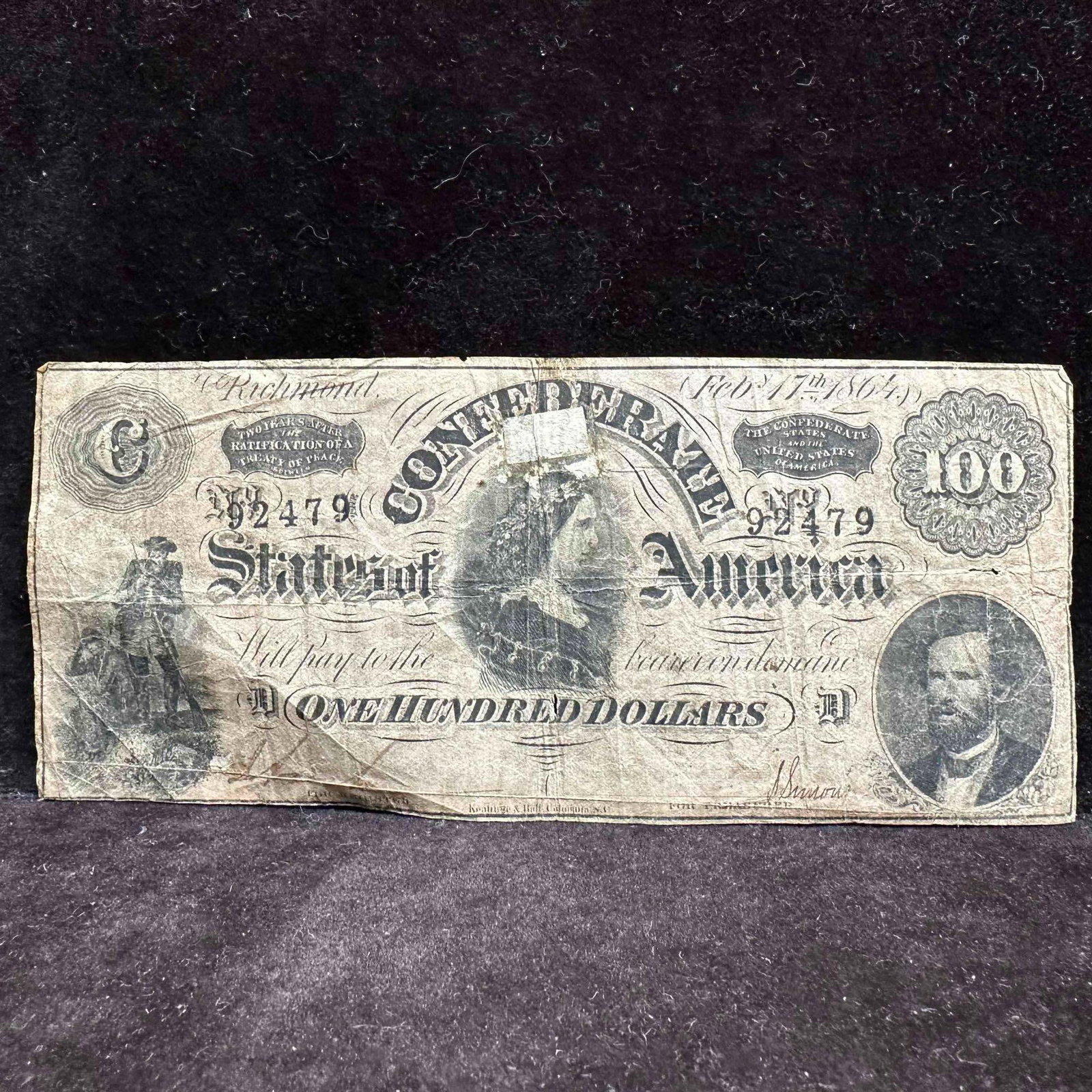 1964 Confederate State of America $100 Dollar Bank Note: This item is in good pre-owned, previously displayed condition with light wear, creases, minor tears, and holes. Creased corners this bank note is worn due to age and storage. Please reference all pho