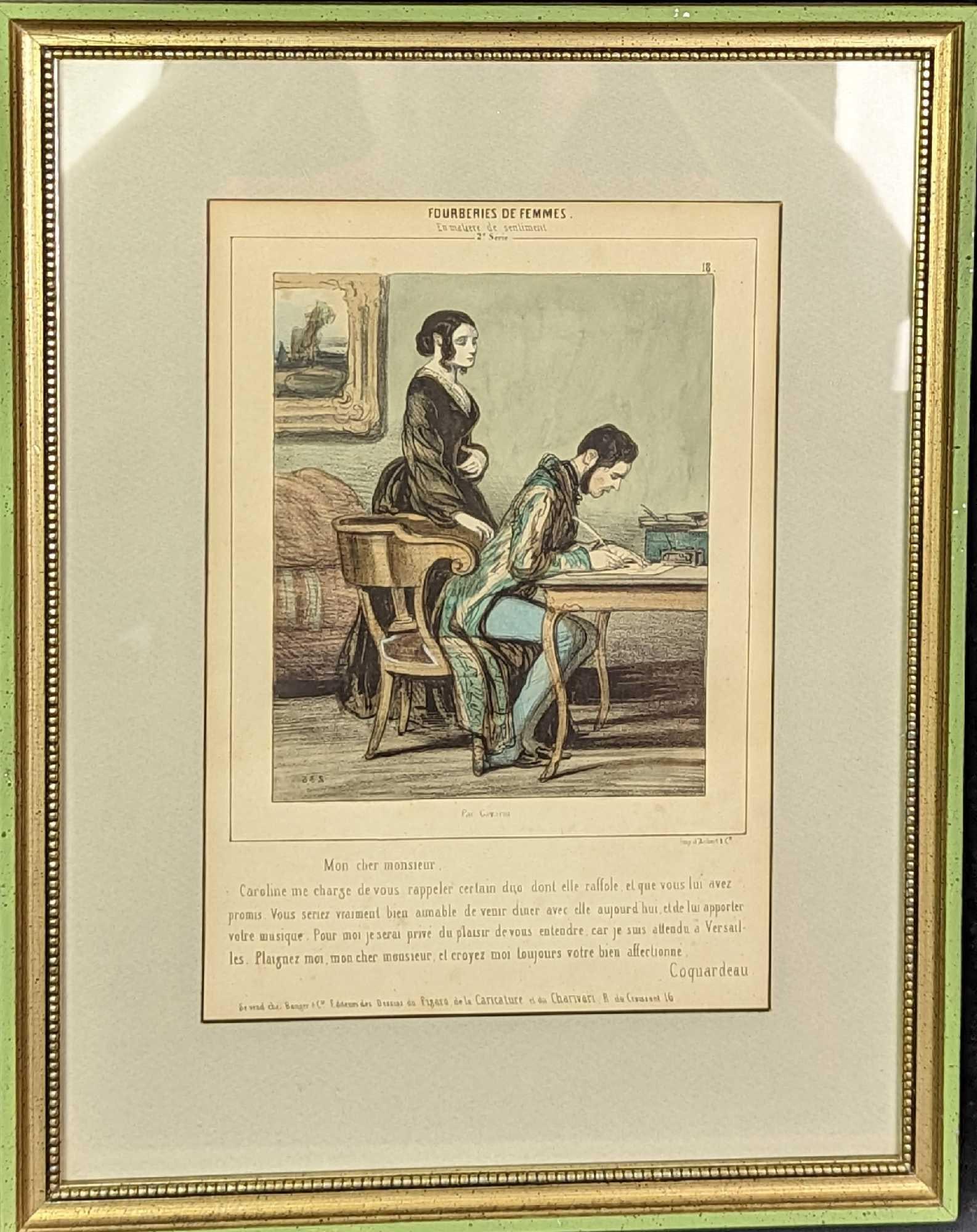 Framed After Paul Gavarni Fourberies De Femmes Engraving: Framed After Paul Gavarni Fourberies De Femmes Engraving. Caricature by Paul Gavarni (1804 - 1866), French satirical artist noted for his clever observations of contemporary life and elegant genre sc