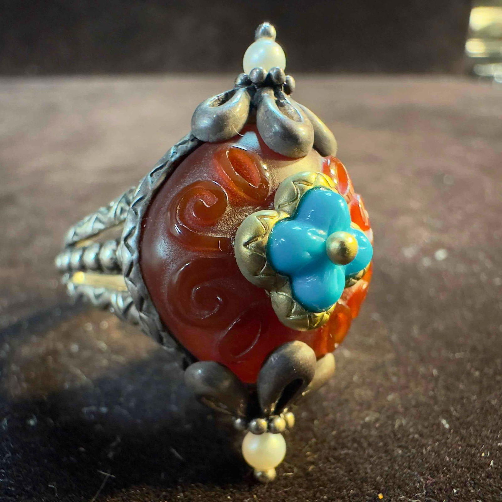 Vintage Barbara Bixby China Sterling & 18K with Turquoise and Carnelian Ring (1 of 13)