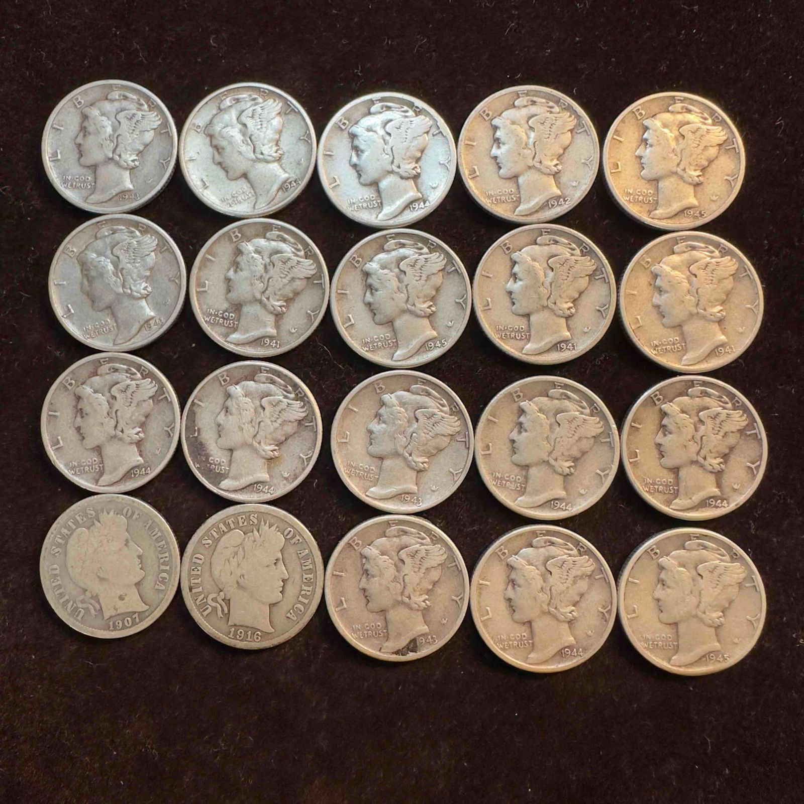 Silver Mercury and Barber Dime Set Lot of Twenty 20 1900's 1910's 1940's (1 of 8)