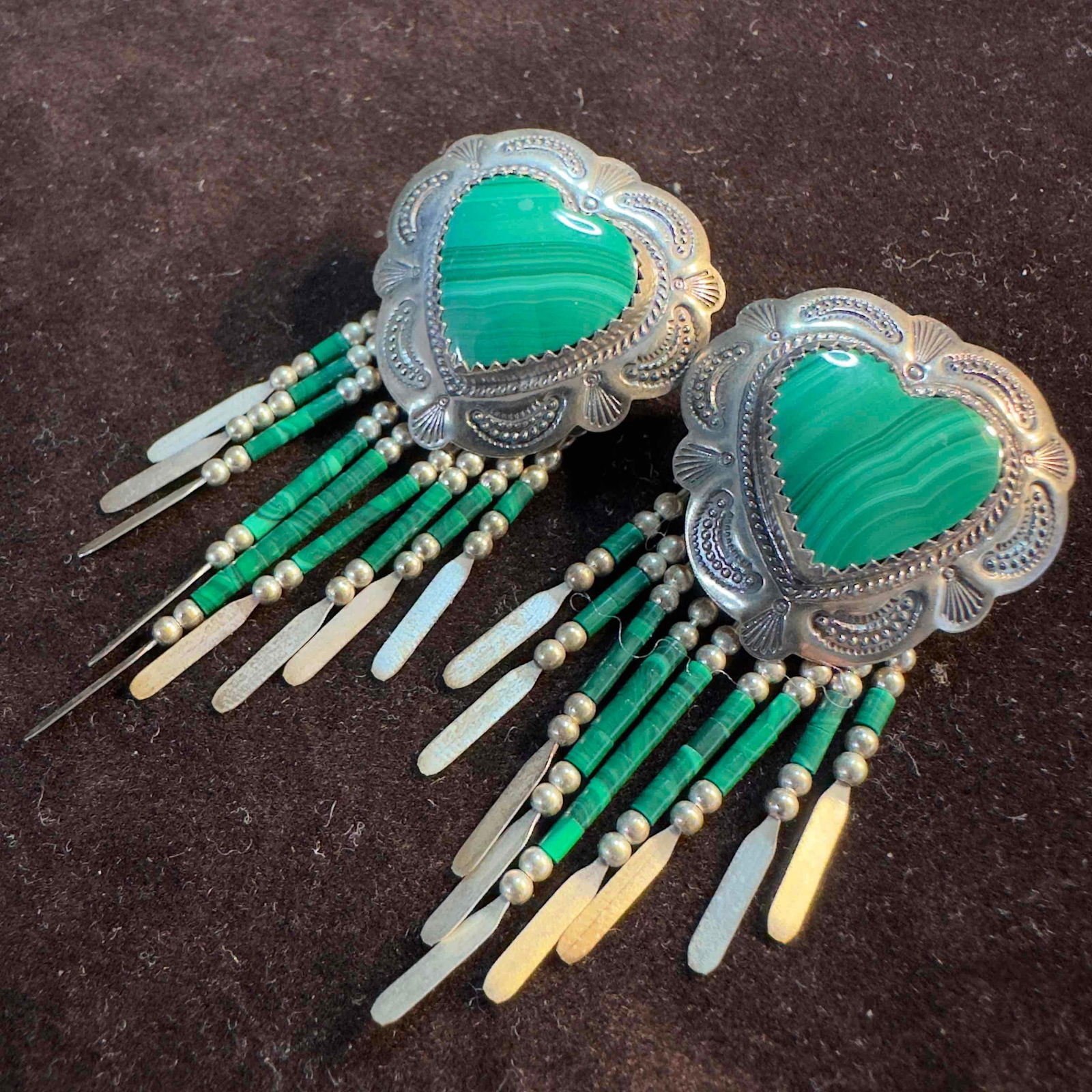 Malachite Green Stone Sterling Silver Heart Dangle Earrings Z36 (1 of 8)