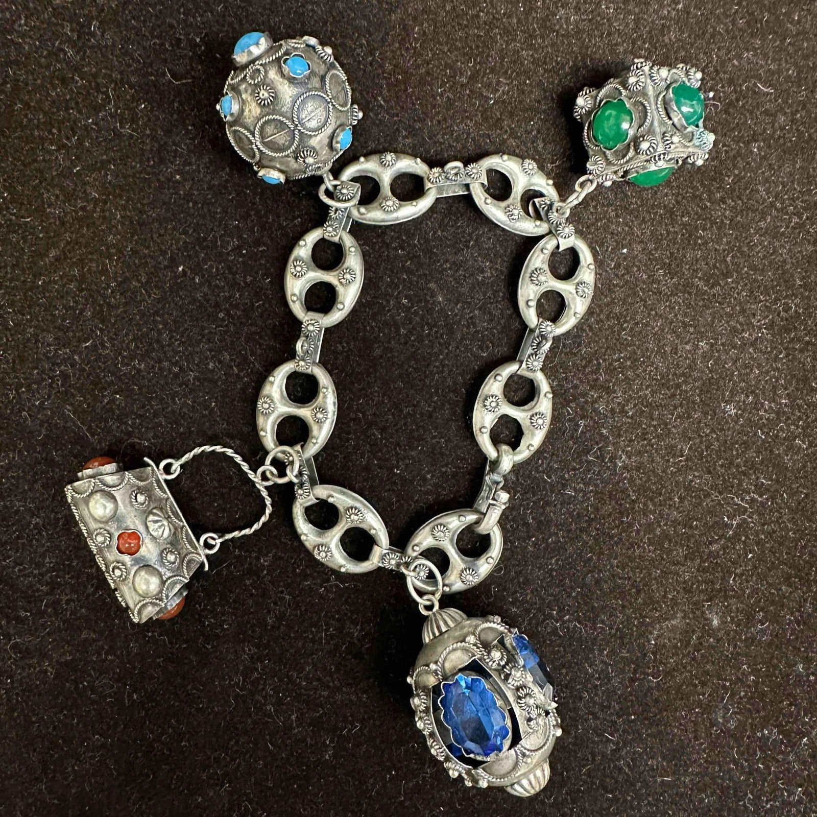Sterling Silver 800 Four Ornate Stone and Glass Setting Charm Etruscan Revival Style Bracelet G31 (1 of 7)