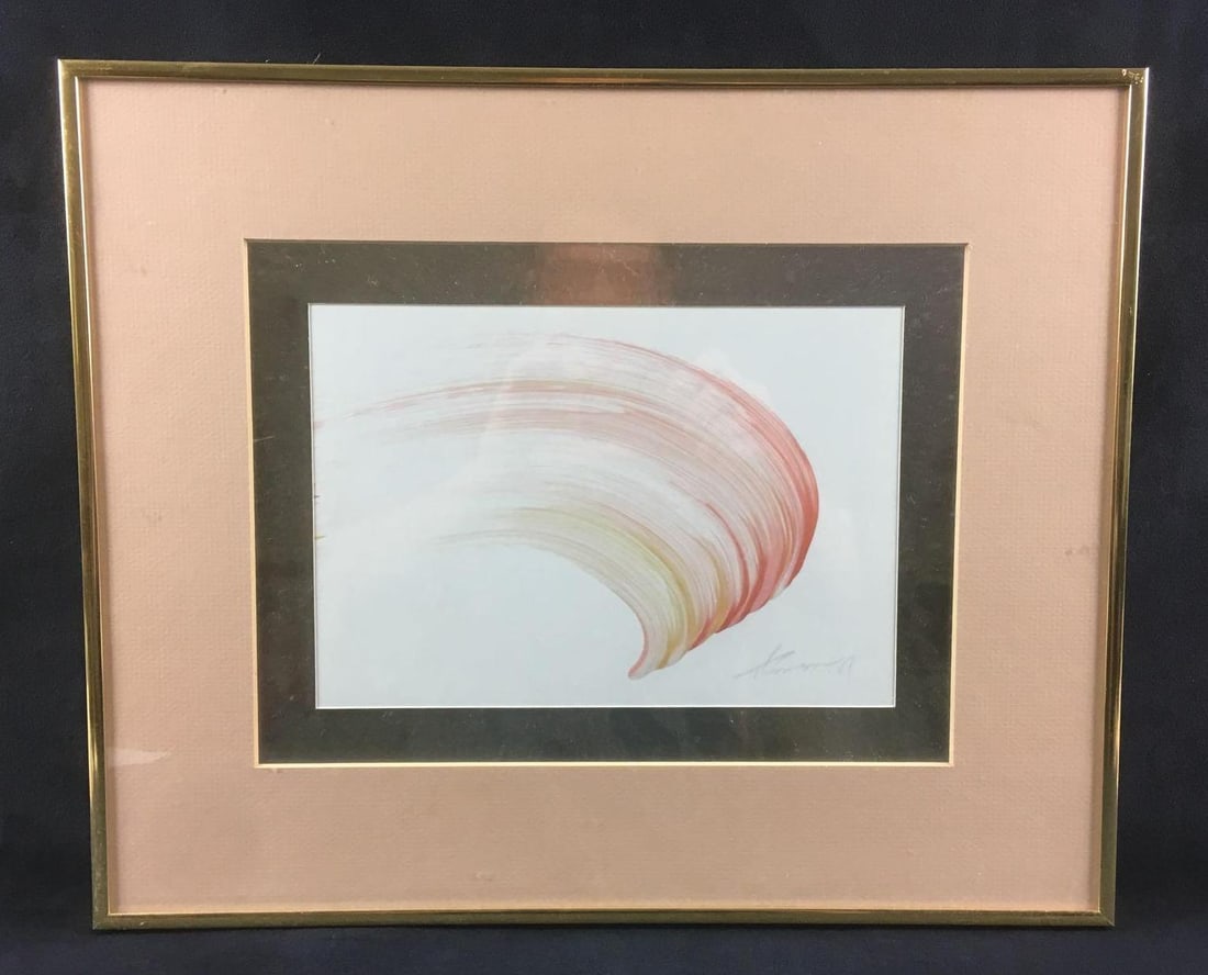 Thomson Red Brush Stroke Painting: Thomson Red Brush Stroke Painting. This painting is in great condition. The painting is framed with a gold frame and salmon colored matte. The painting is an iridescent colored brush stroke. The botto