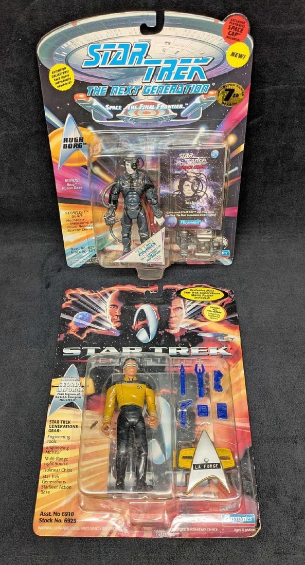 Star Trek Playmates Geordi LaForge And Hugh Borg Action Figures: Star Trek Playmates Geordi LaForge And Hugh Borg Action Figures. This lot includes: (1) Star Trek Generations - Geordi Laforge. This was released by Playmates in the year 1994. The figure is in the o