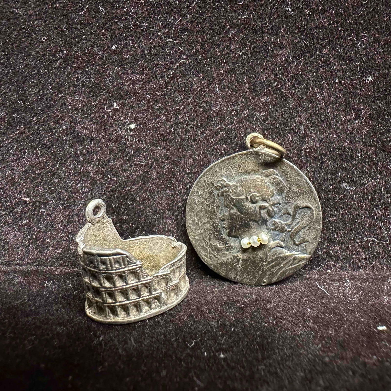 Sterling Silver 925 Necklace Pendant Charms Rome Colosseum and Victorian Woman with Faux Pearls Set (1 of 4)