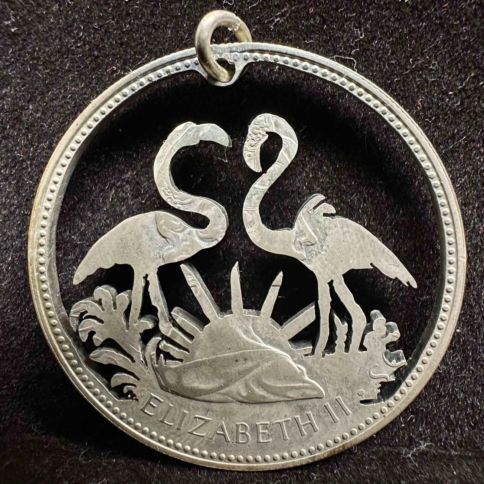 Flamingo Bahama Islands Coin Sterling Silver Cut Out Pendant Jewelry: This item is in good pre-owned, previously used/displayed condition with noticeable light wear, and surface scratches. Please reference all photos for full details. This piece of jewelry has been test