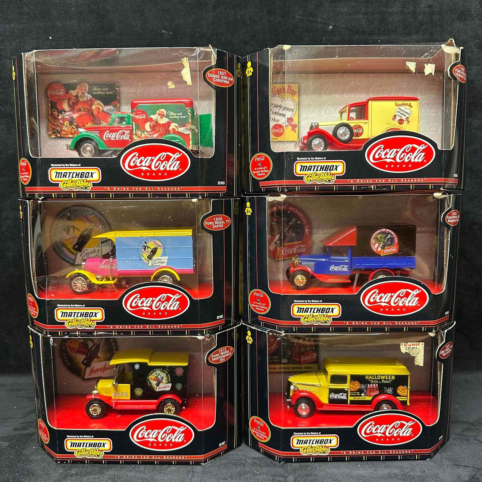 Matchbox Coca Cola Special Holiday Vehicles 1999 Complete Set of 6: Matchbox Coca Cola Special Holiday Vehicles Complete Set of 6. Model included #1 - Christmas - 1937 Dodge Airflow #2 - Valentine's Day - 1930 Ford Model A #3 - Easter - 1926 Ford Model TT #4 - Mem