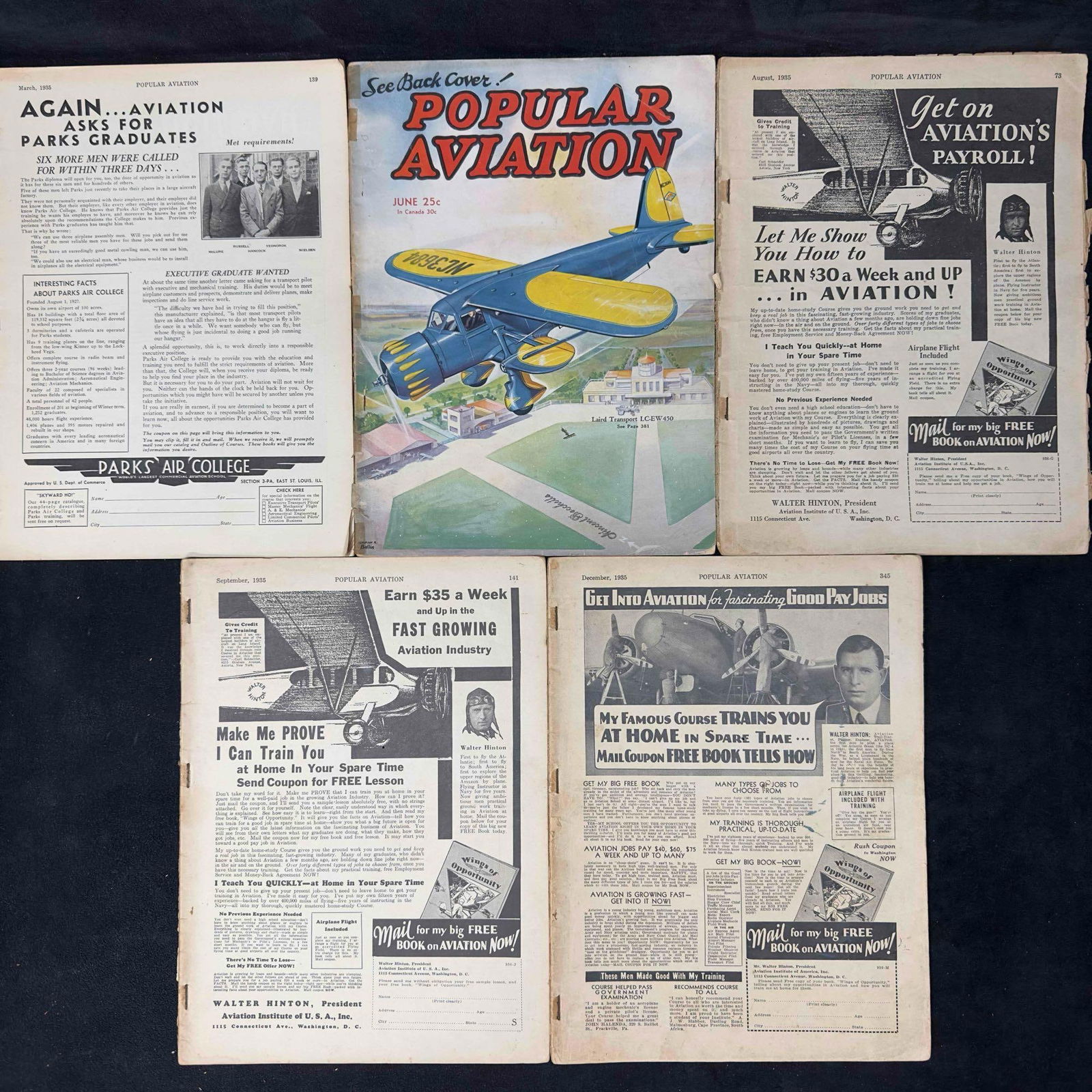 Flying and Popular Aviation Magazine 1935 Lot of 5 Five Magazines Collection Set (1 of 4)