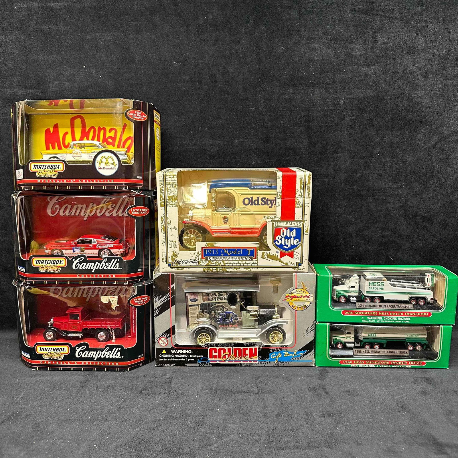 Matchbox Hess Campbells McDonald's Die Cast Vehicle Car Truck Set: Matchbox Hess Campbells McDonald's Die Cast Vehicle Car Truck Set. This set includes three (3) Matchbox Campbell's and McDonald's vehicles, two (2) mini Hess trucks, one (1) Ertl 1913 Mode