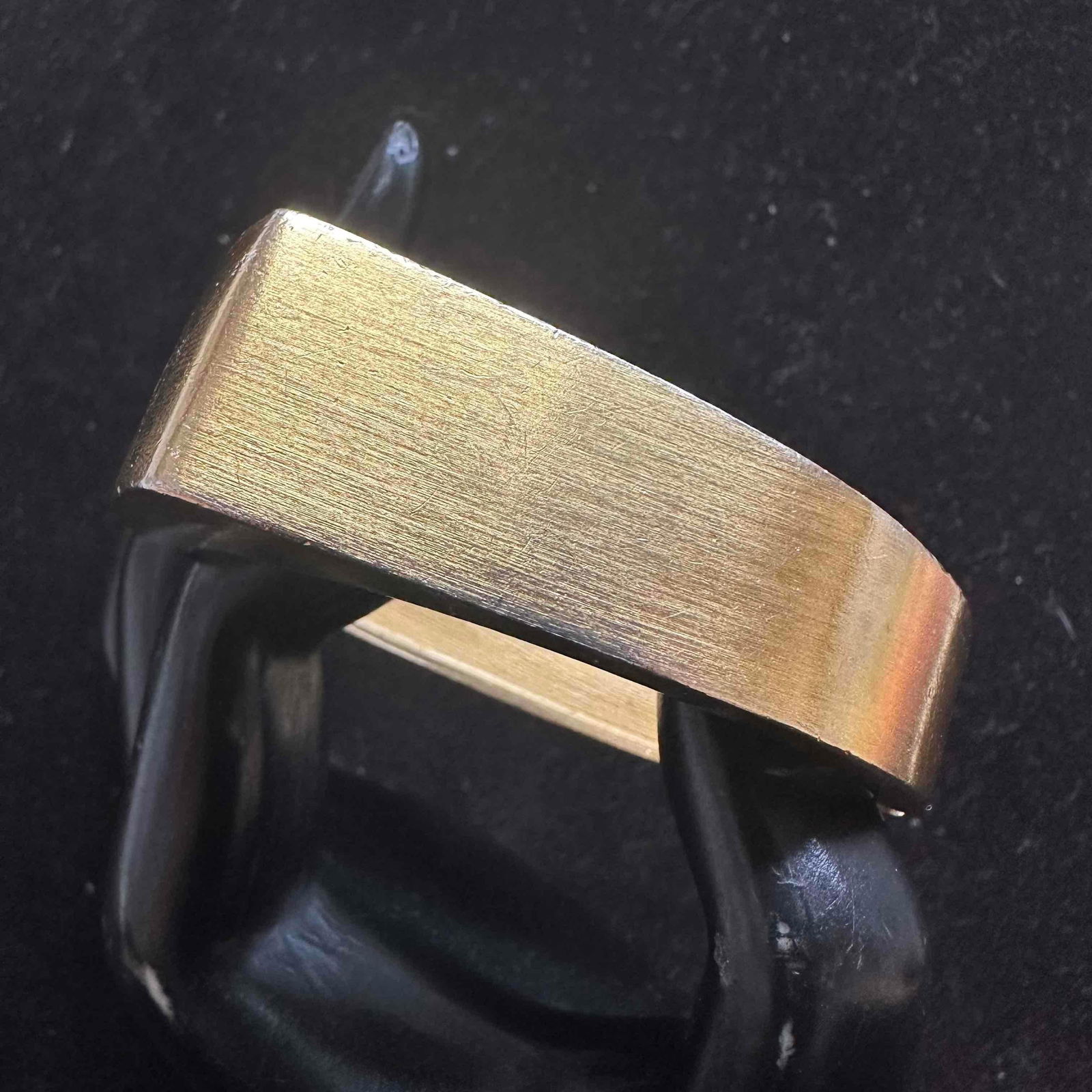 Crown Trifari Modernist Gold Tone Hinged Bracelet Geometric Design: Vintage Trifari gold tone hinged bracelet featuring a bold modernist geometric design. The bracelet has a brushed gold finish with a squared, asymmetrical form that captures mid-century minimalist sty