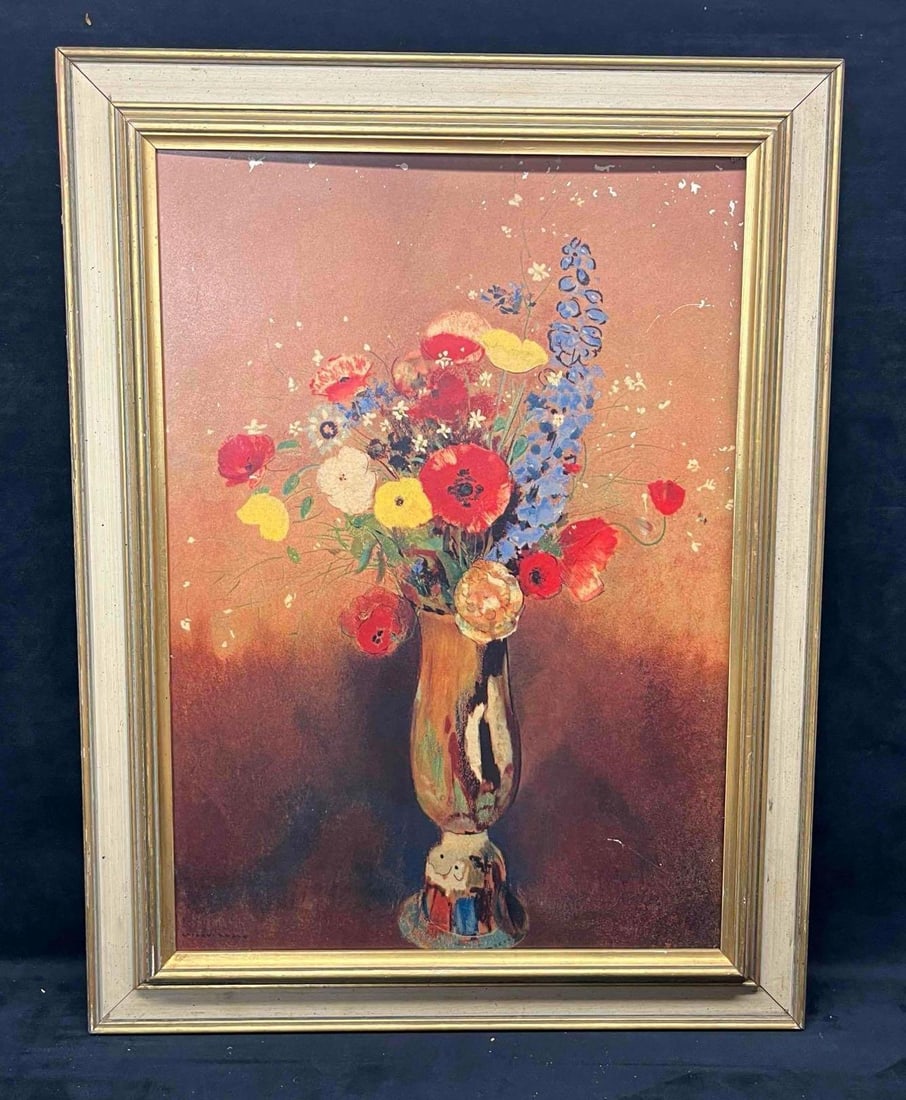 Framed Print On Wood Board Of Odilon Redon's Wild Flowers in a Long Neck Vase: This lot contains Framed Print On Wood Board Of Odilon Redon's (April 20, 1840 - July 6, 1916) Wild Flowers in a Long Neck Vase. The Original artwork is located at the Musée d'Orsay in Paris,