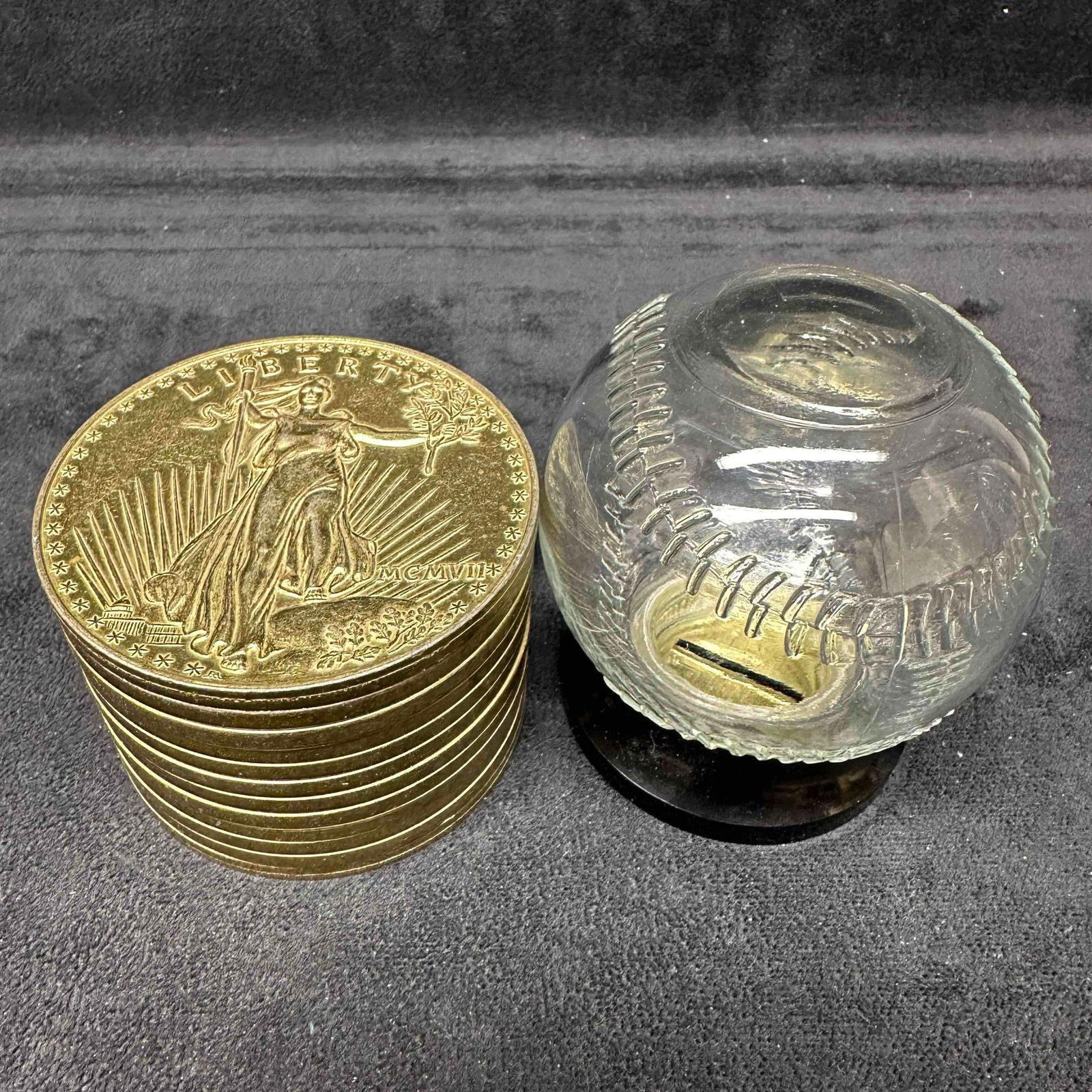 Standing Liberty Stacked Coin Clear Glass Embossed Baseball Ball Novelty Still Bank (1 of 8)