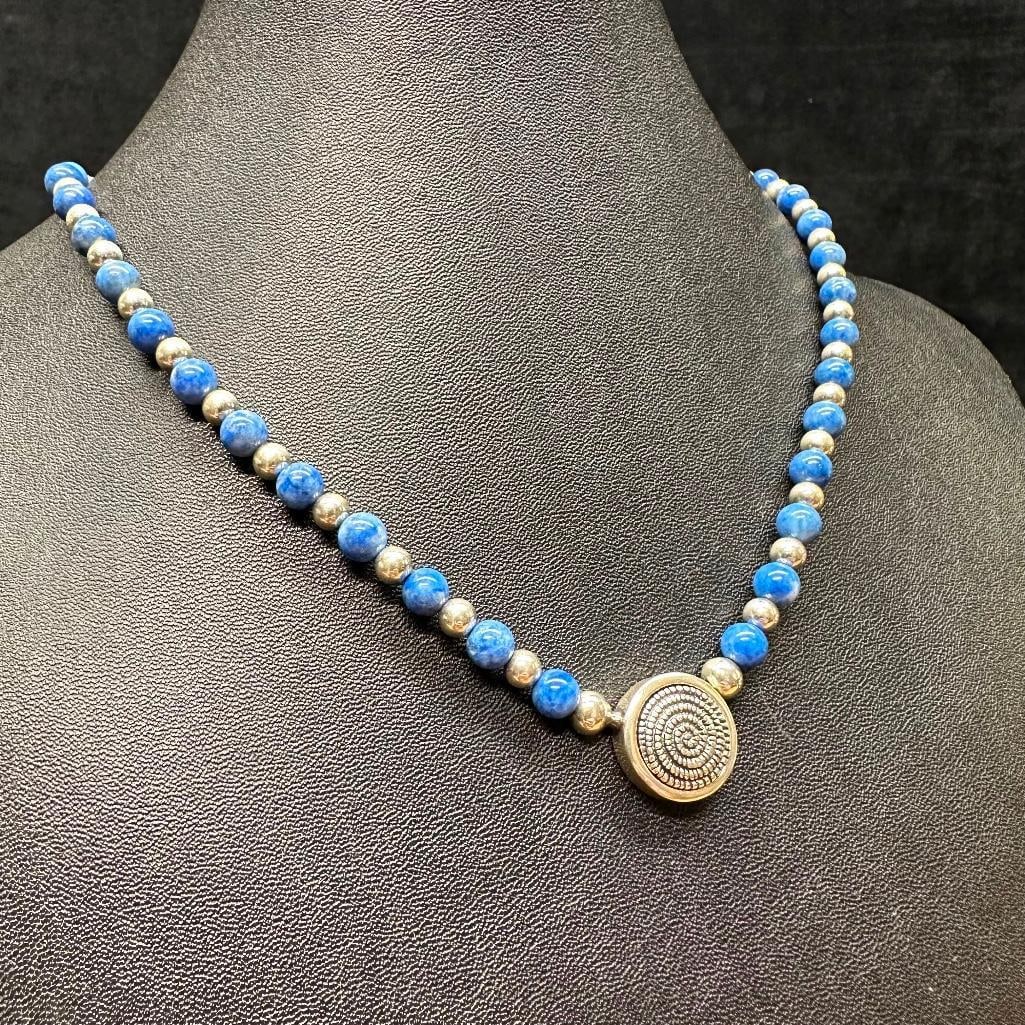 Sterling Silver Lapis Bead Necklace With Circular Clasp (1 of 4)