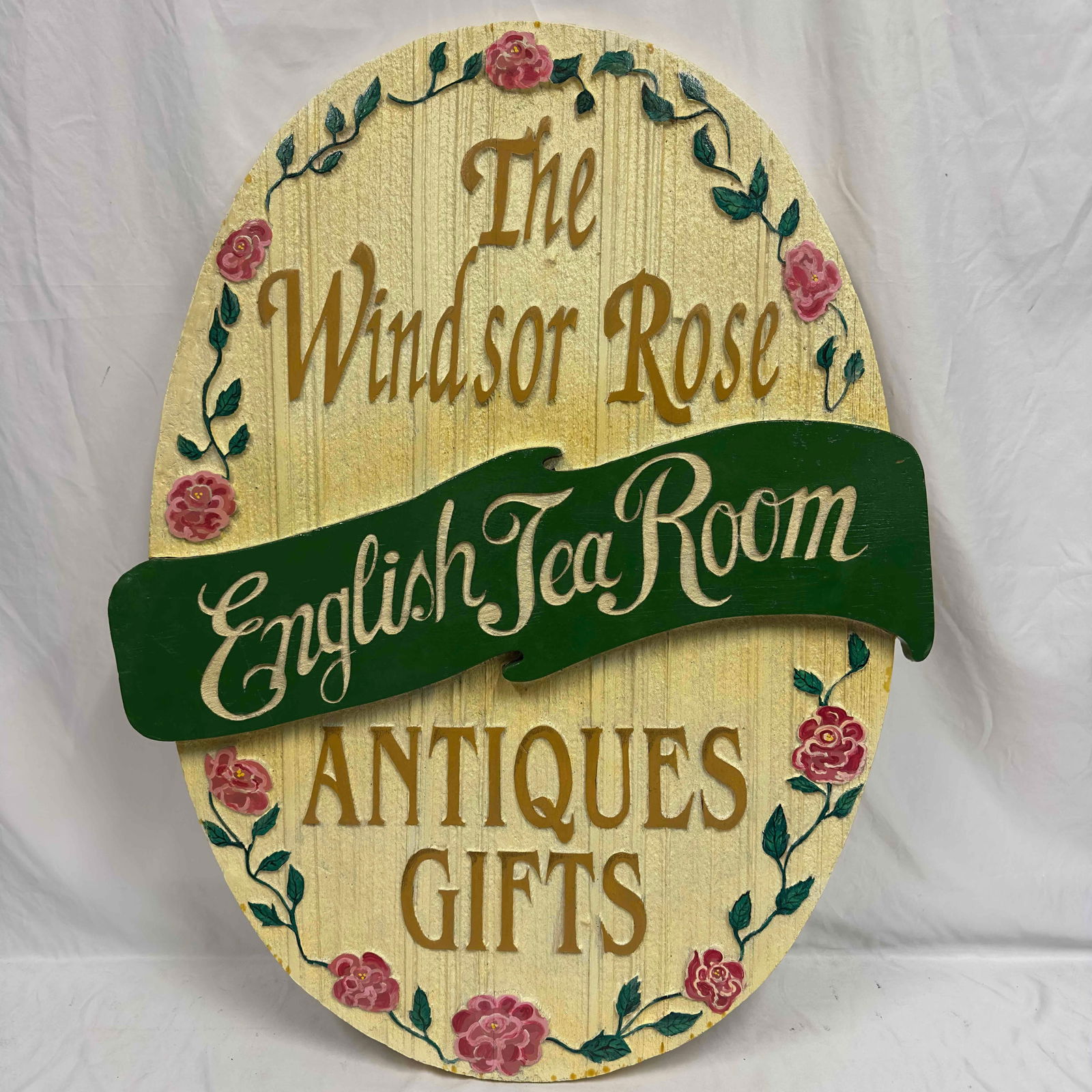 The Windsor Rose English Tea Room Antiques Gifts Large Yellow Wooden Floral Sign: The Windsor Rose English Tea Room Antiques Gifts Large Yellow Wooden Floral Sign. This advertisement sign came from the original The Windsor Rose English Tea Room in downtown Mount Dora, FL. This uniq