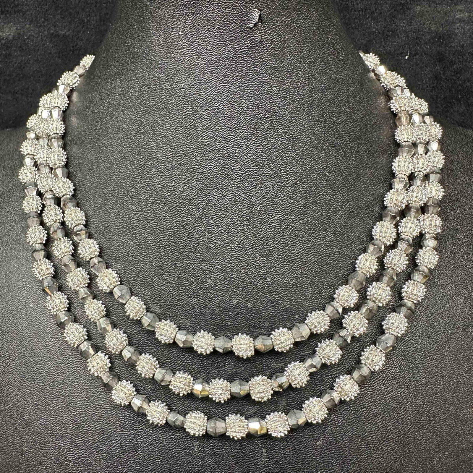 Crown Trifari Electra Collection Three Strand Silver Nub Textured Beaded Necklace A1: Crown Trifari electra collection necklace with J-hook clasp closure. This item is in good pre-owned, previously displayed condition with light wear, and surface scratches. Please reference all photos