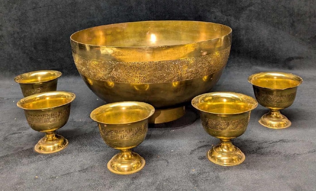Vintage Etched Brass Punch Bowl With Goblets (1 of 11)