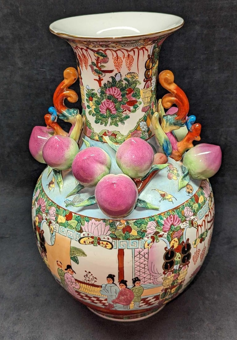 Vintage Chinese Pomegranate Floor 18" Chinoiserie Vase: Vintage Chinese Pomegranate Floor 18" Chinoiserie Vase. This is approx 11" x 11" x 18" and it weighs 11.60 lbs. The hand-painted vase has no chips or cracks. Please see the images as they are part of 